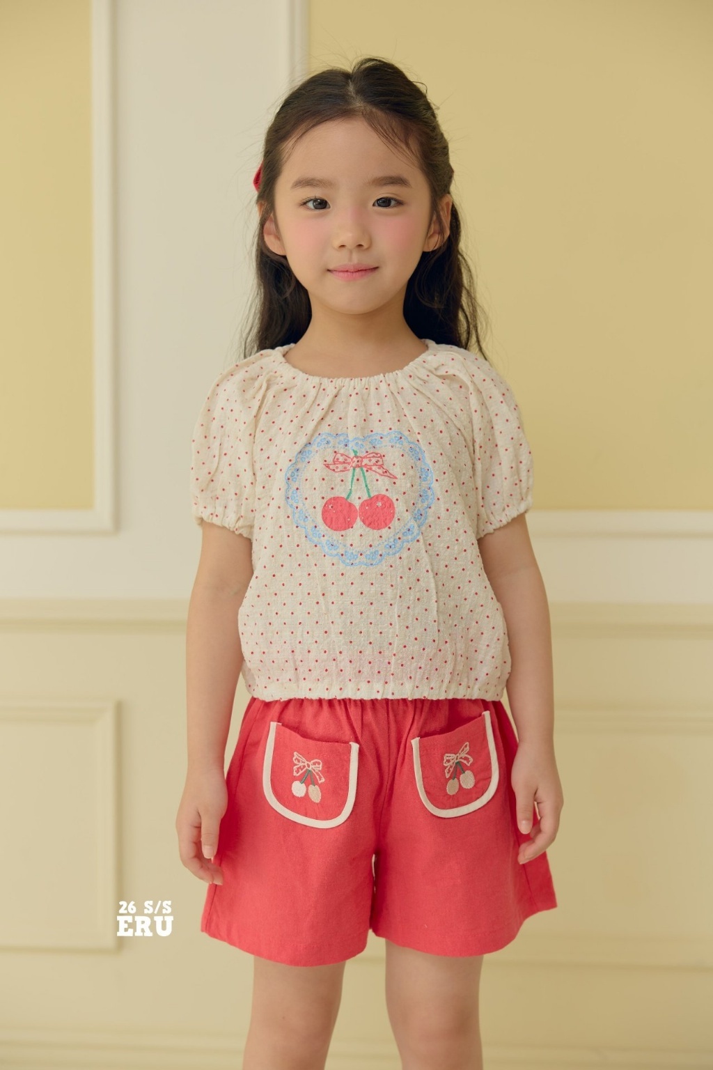正韓夏Eru 紅色櫻桃雙口袋短褲