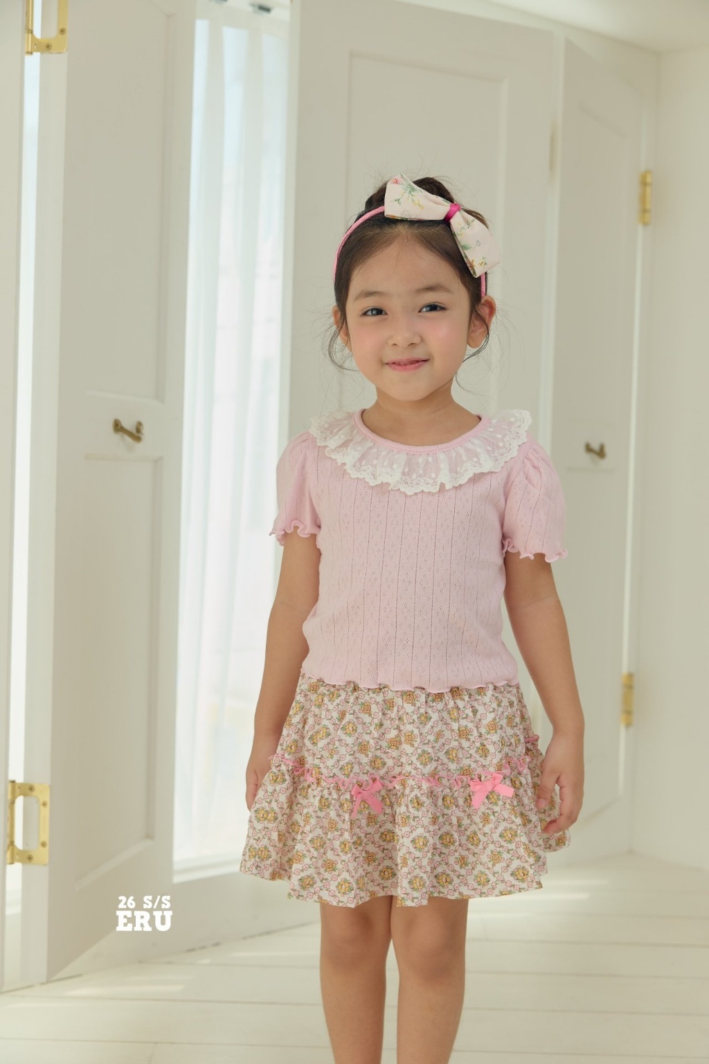 正韓夏Eru 粉色蝴蝶結碎花褲裙