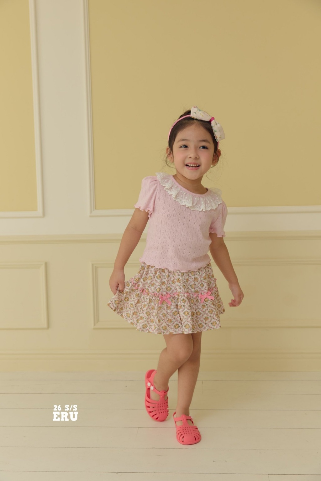 正韓夏Eru 粉色蝴蝶結碎花褲裙