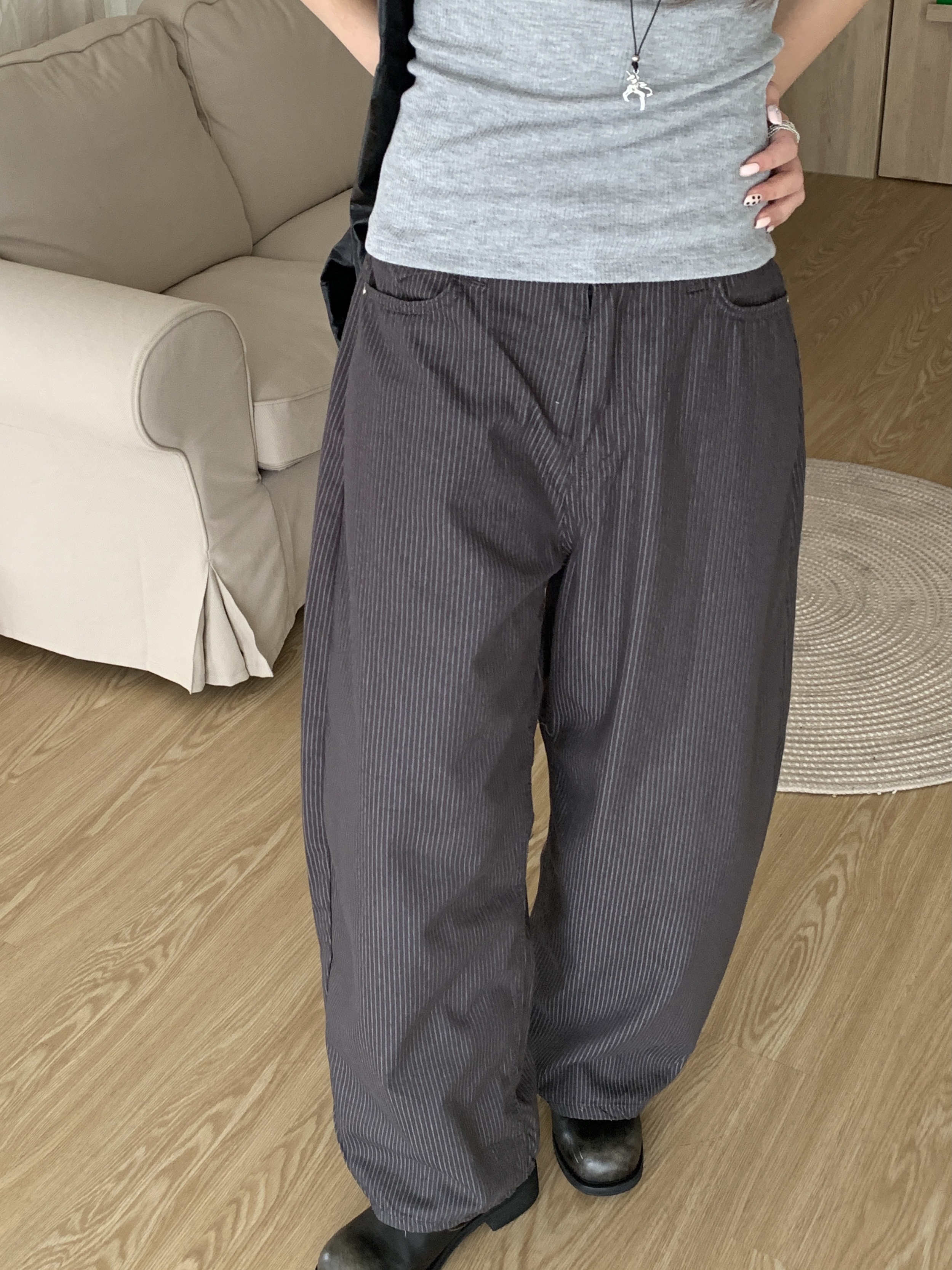 L016/百搭王 直紋錐型寬褲