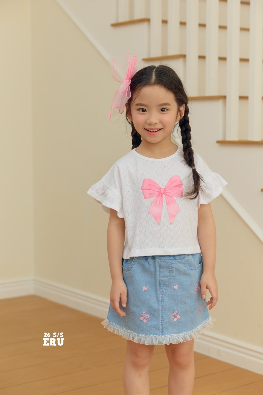 正韓夏Eru 粉色蝴蝶結大飛袖上衣