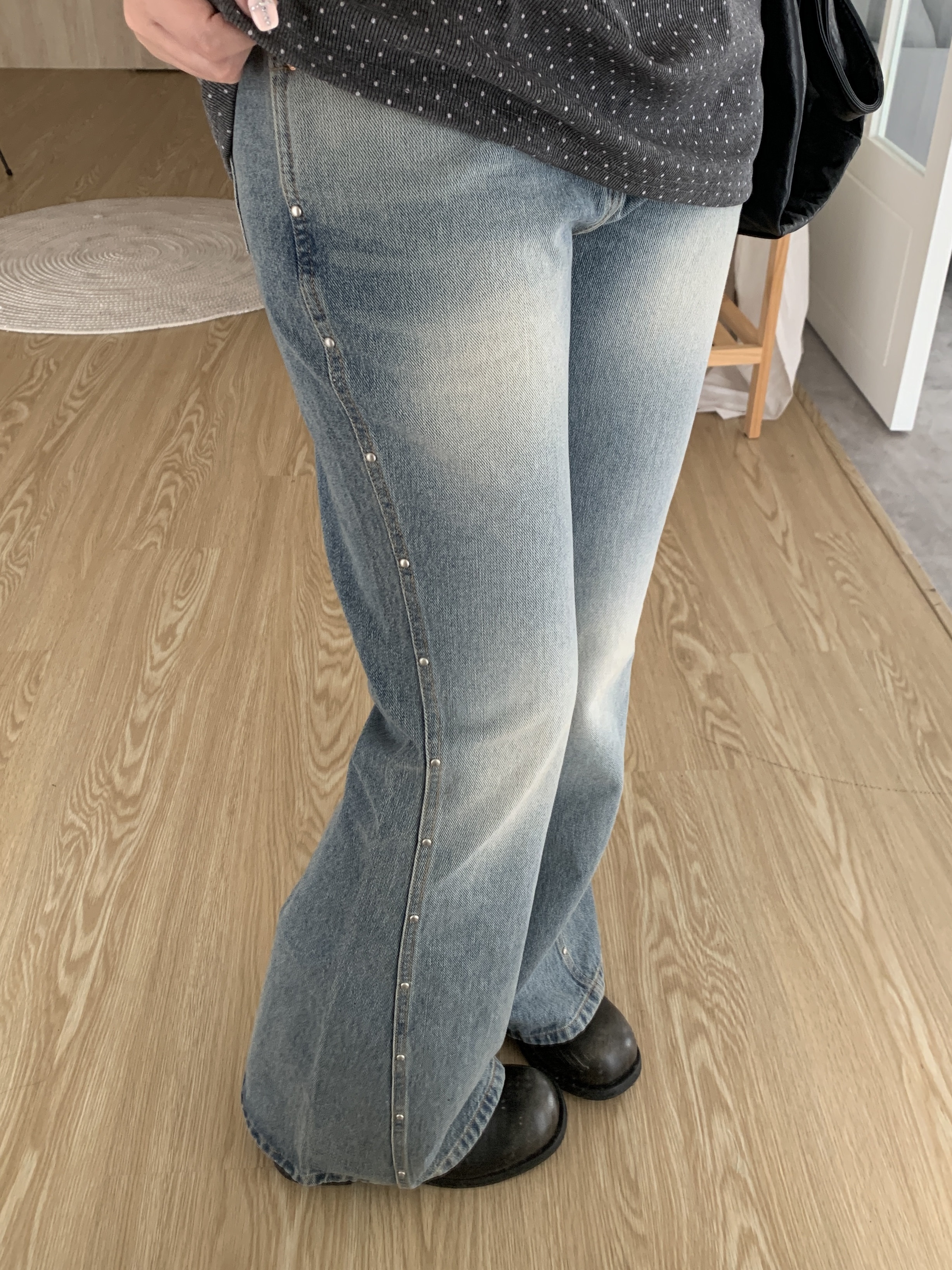 L017/復古牛仔 卯丁滾邊喇叭褲