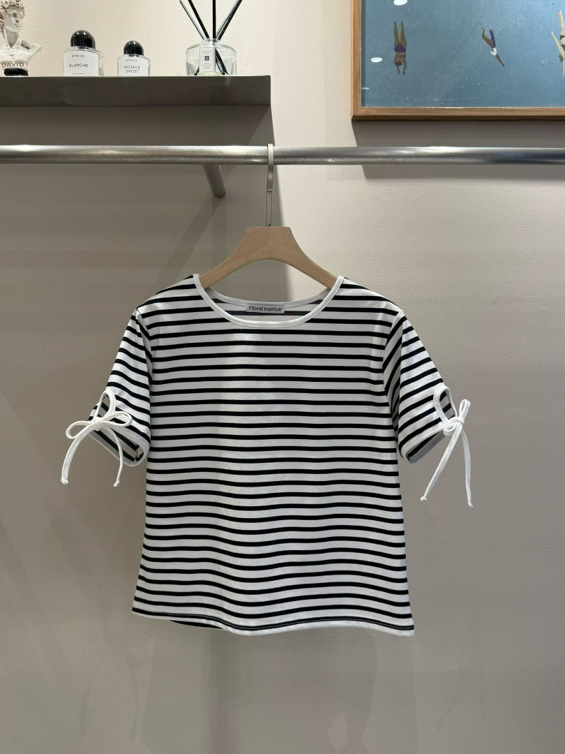 甜美感綁帶袖條紋棉T