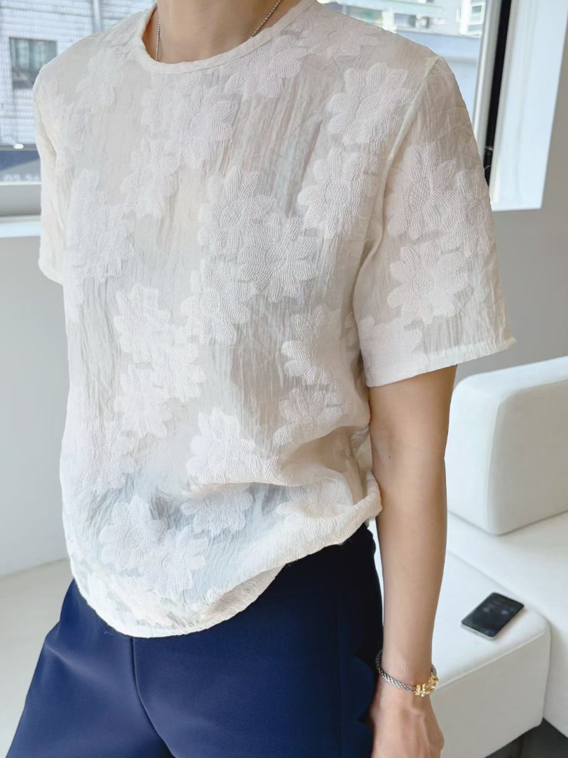 質感緹花短袖款｜低調花紋氣質蕾絲雪紡Ｔ