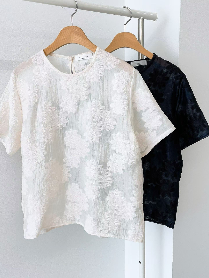質感緹花短袖款｜低調花紋氣質蕾絲雪紡Ｔ