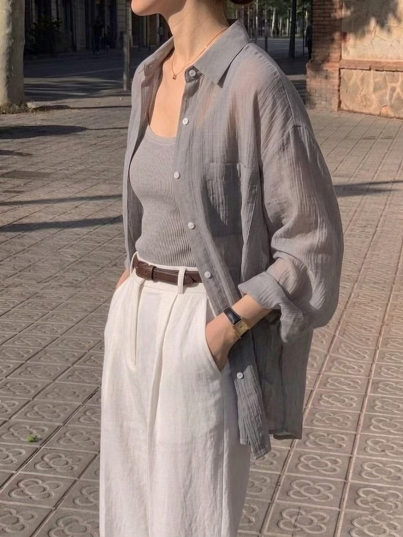 韓系玻璃紗透膚襯衫｜顯瘦氣質涼感防曬外搭罩衫