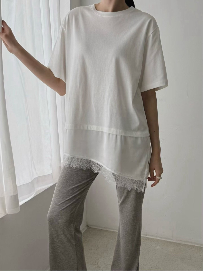 韓系拼接蕾絲長版棉T款｜顯瘦遮腹氣質上衣