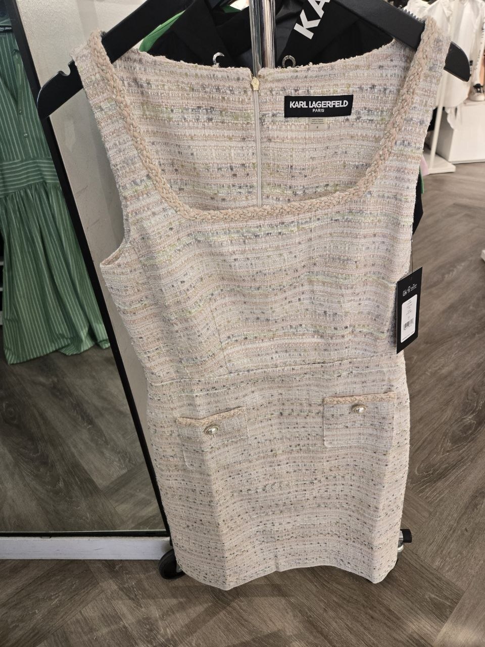 [U] KARL LAGERFELD SFT WHT MULTI WOMEN'S SLEEVELESS SQUARE NECK METALLIC TWEED A LINE DRESS, LD6T0M40-S1M (UKL292)