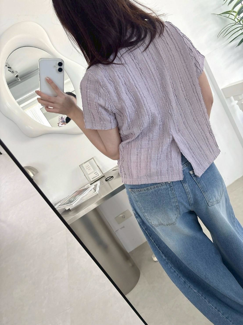 韓系氣質立體紋理短袖款★後開衩設計顯瘦上衣
