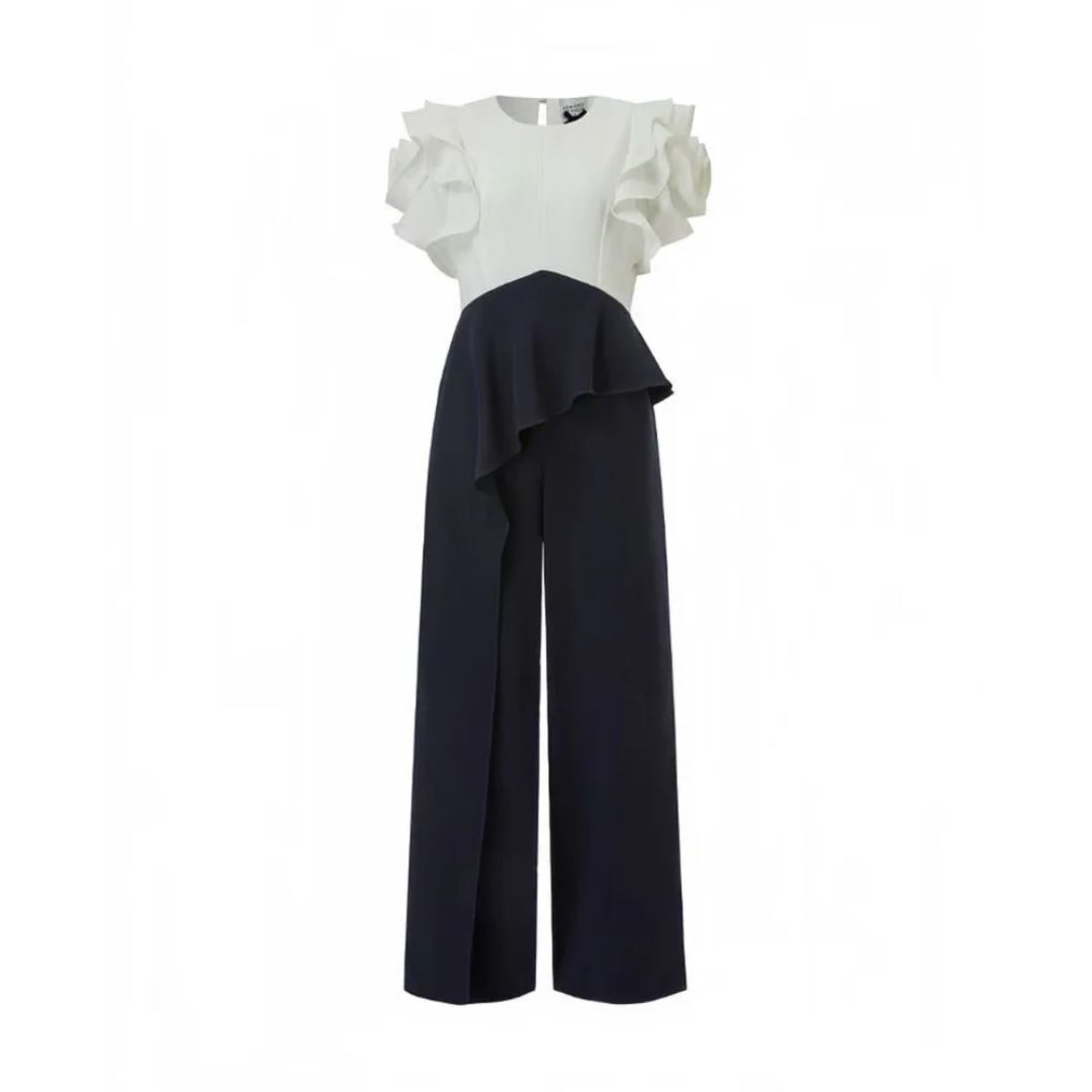 1EA0408-130 [EDWARD ACHOUR] Sculptural Ruffle Color-Block Jumpsuit White/Black #100422/1004 (EU)