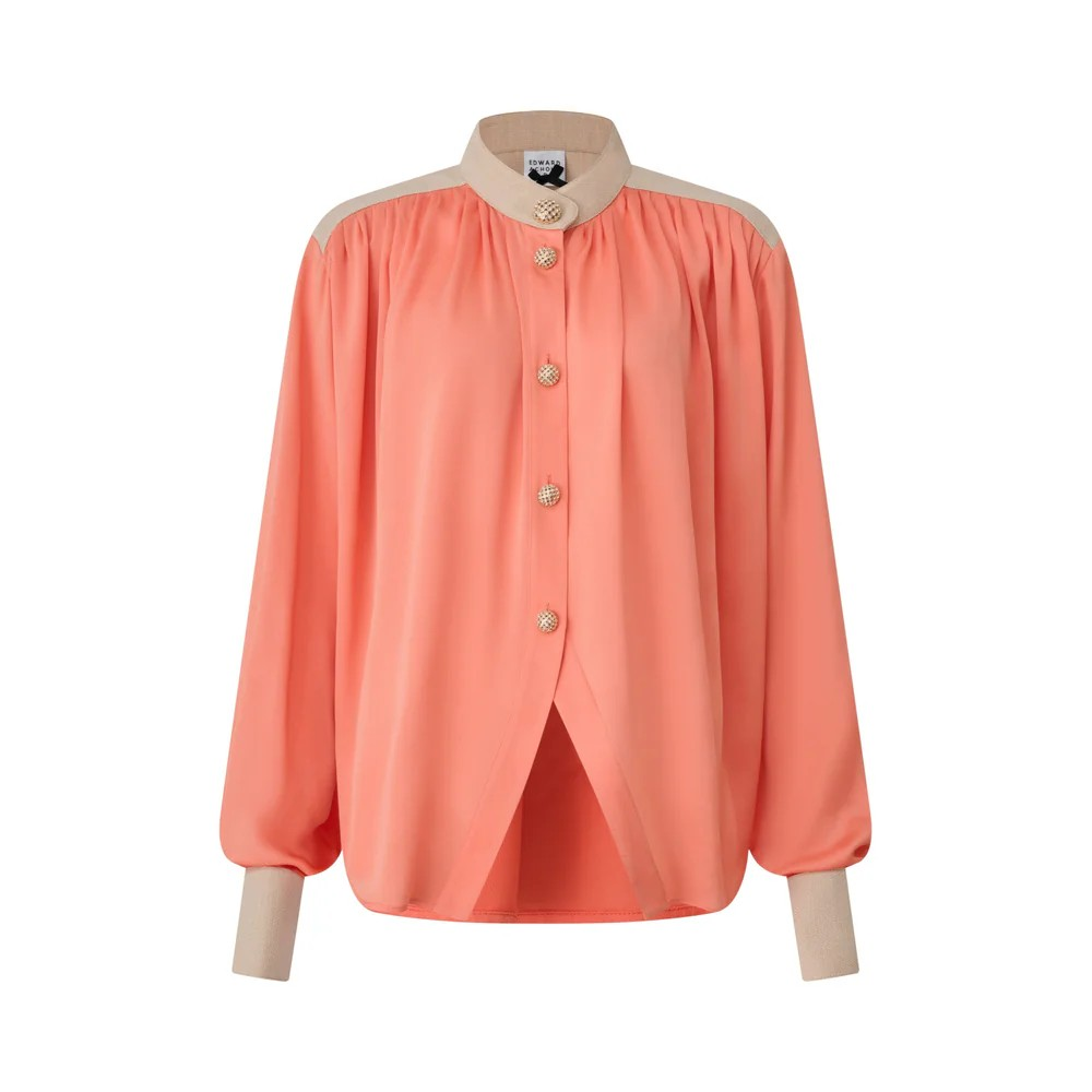 1EA0408-132 [EDWARD ACHOUR] Contrast Trim Pleated Coral Blouse Orange/Beige #100609/1031 (EU)