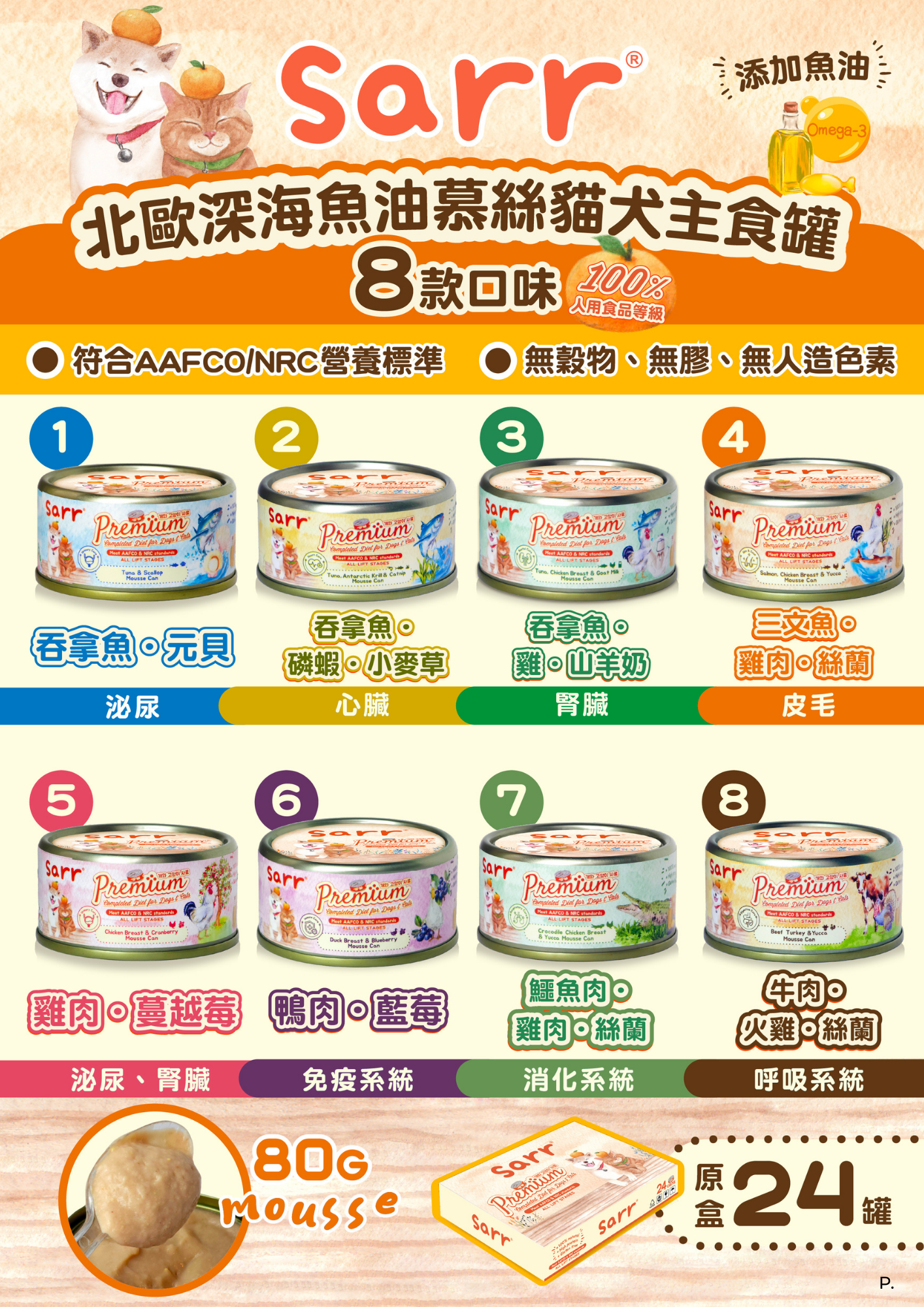 Sarr 營養機能綿密魚油慕絲主食罐 80g x 8罐試食裝 (平均口味)