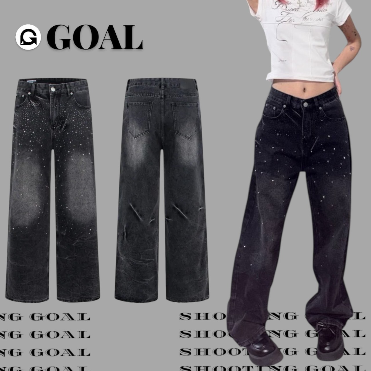 (GOAL )美式燙鑽骷顱頭落地牛仔褲 AU58275