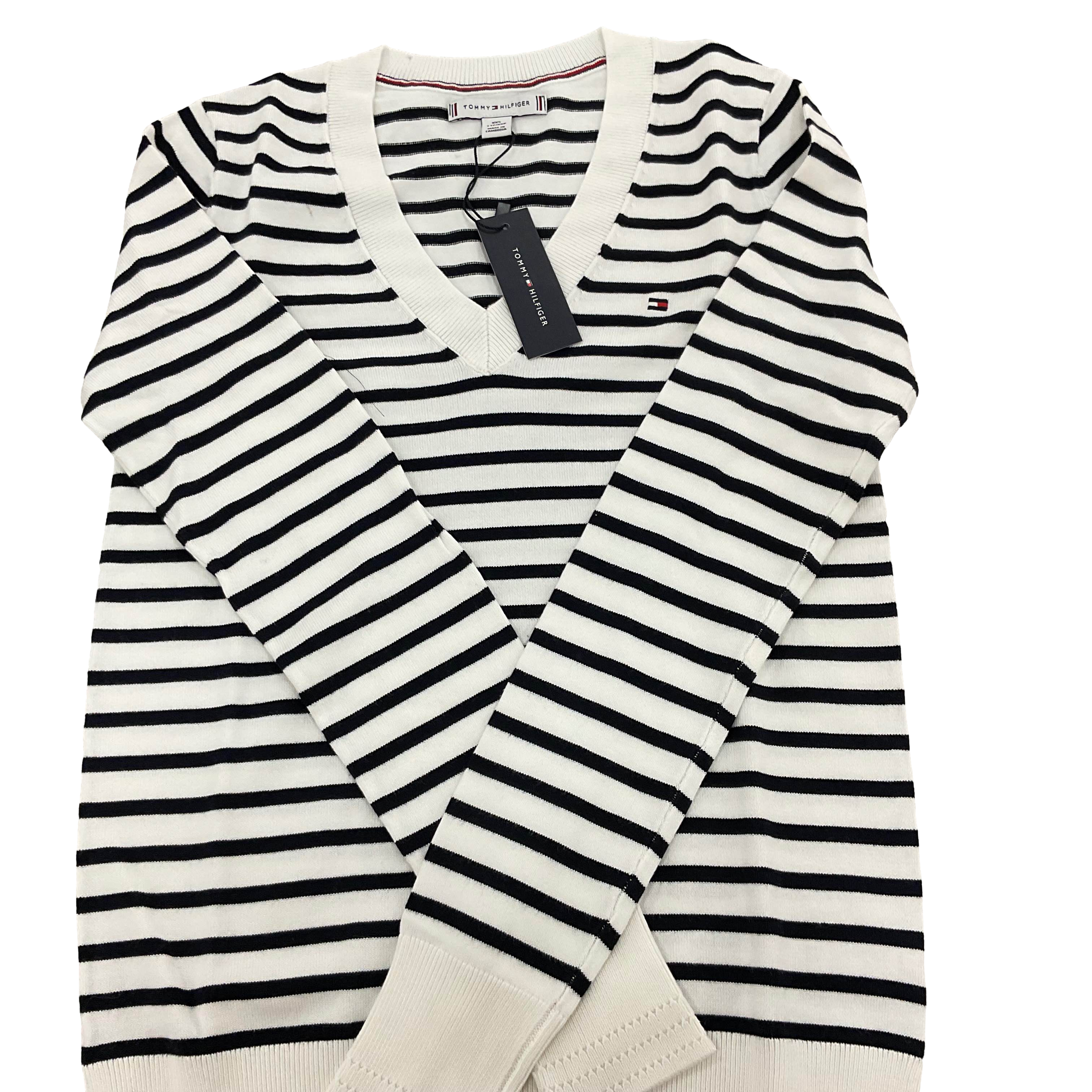 【Tommy Hilfiger USA】條紋V領針織衣 XW04713 100 YBL  白