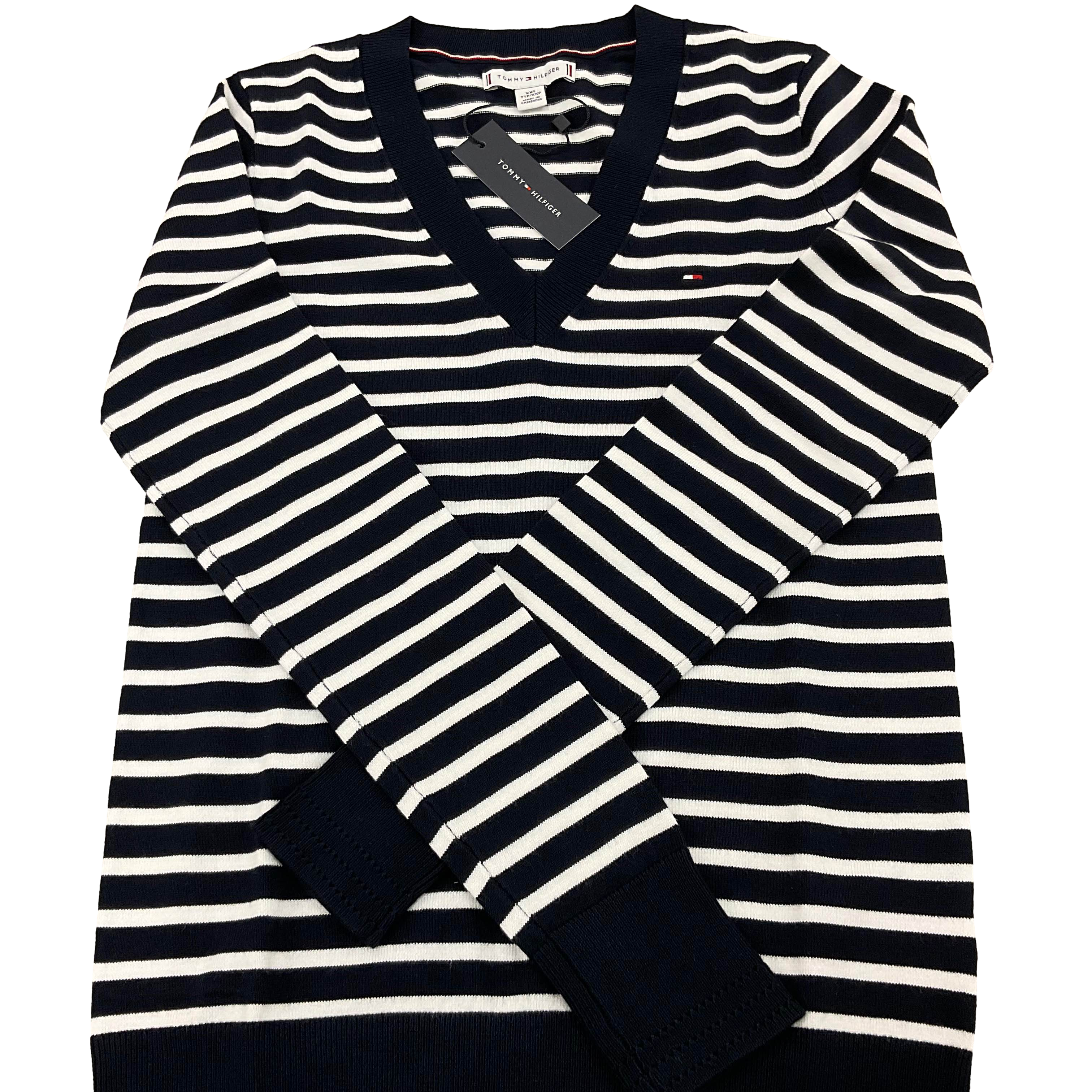 【Tommy Hilfiger USA】條紋V領針織衣  400 DW5 XW04713  深藍