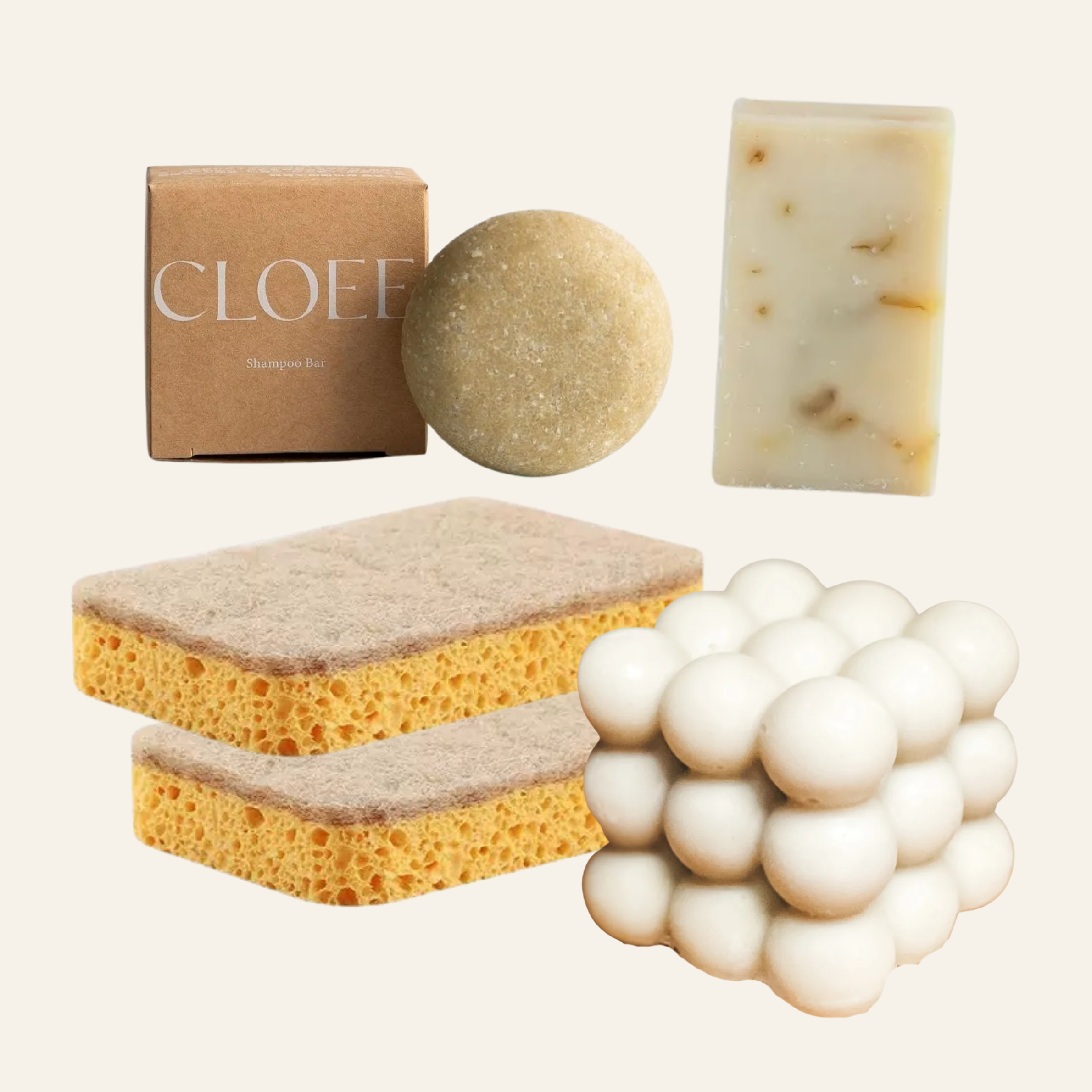 （定期購）一人生活剛剛好組｜Cloee洗髮餅x1、Cloee好好皂x1、劍麻菜瓜布x2、玉珠家事皂x1