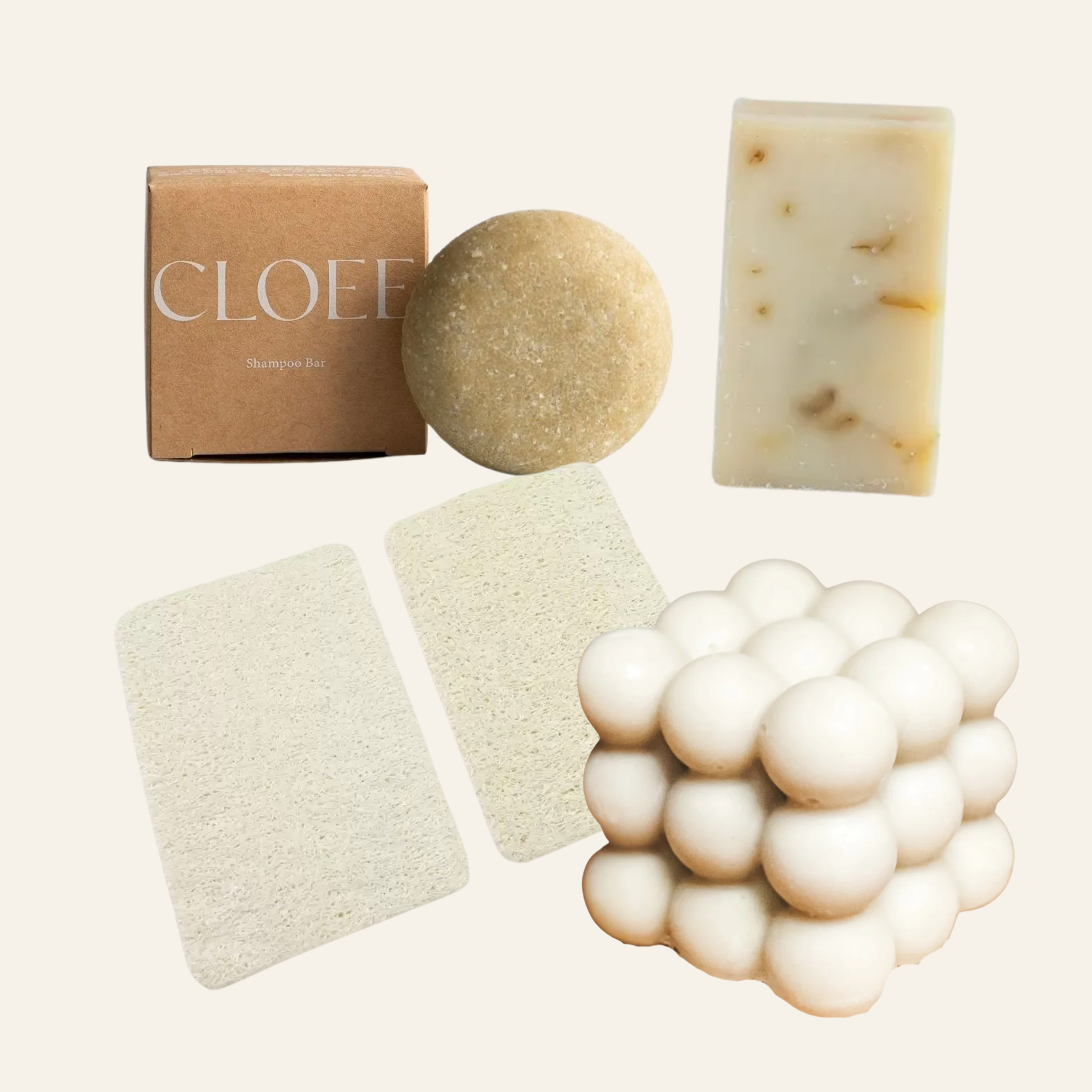 （定期購）一人生活剛剛好組｜Cloee洗髮餅x1、Cloee好好皂x1、絲瓜絡菜瓜布x2、玉珠家事皂x1