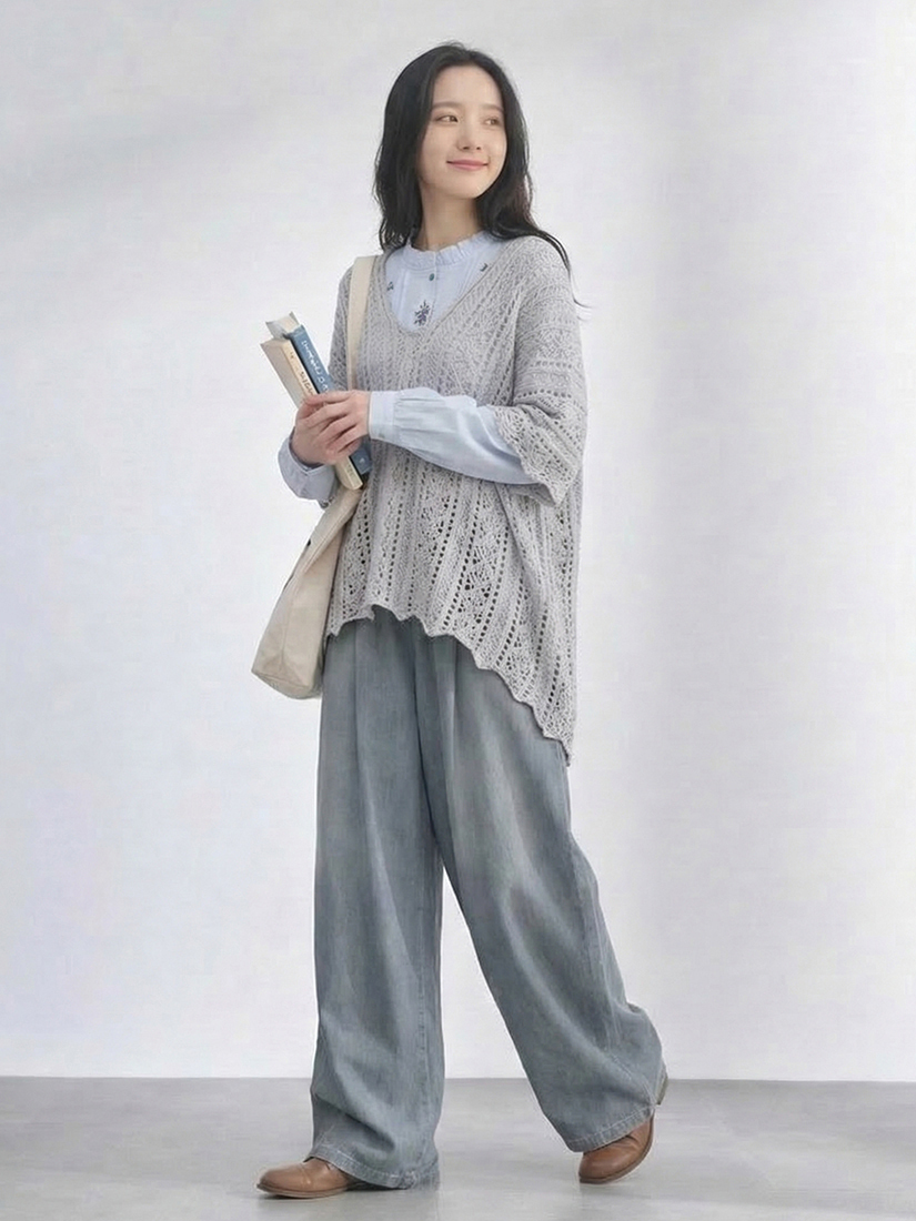 簍空罩衫小立領襯衫天絲棉寬褲組合