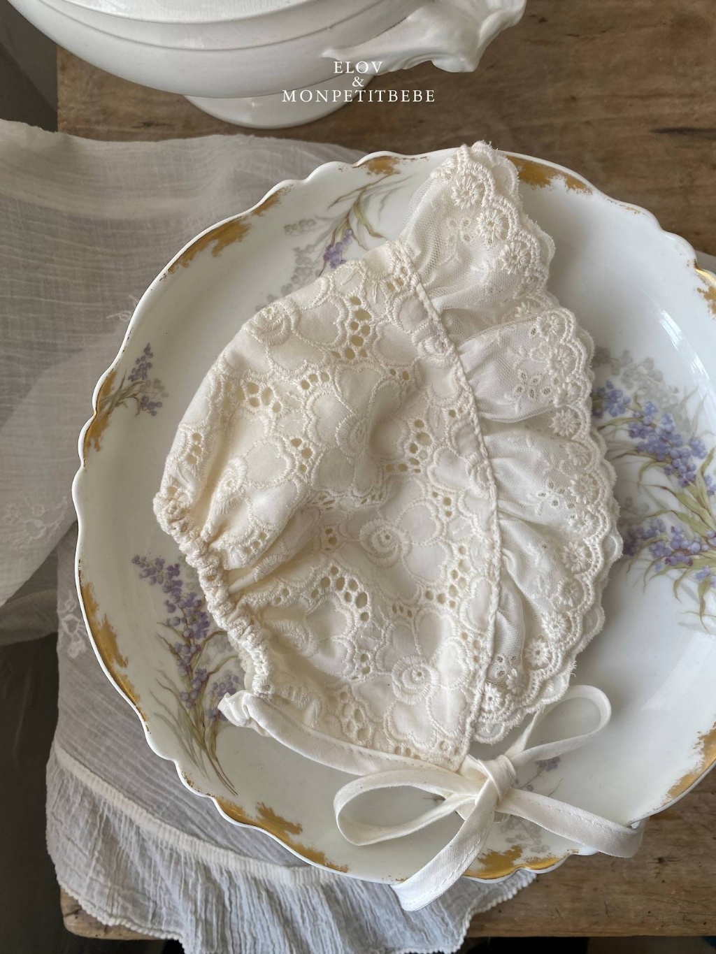 正韓夏Monpetitbebe 嫩嬰蕾絲花花綁帶帽