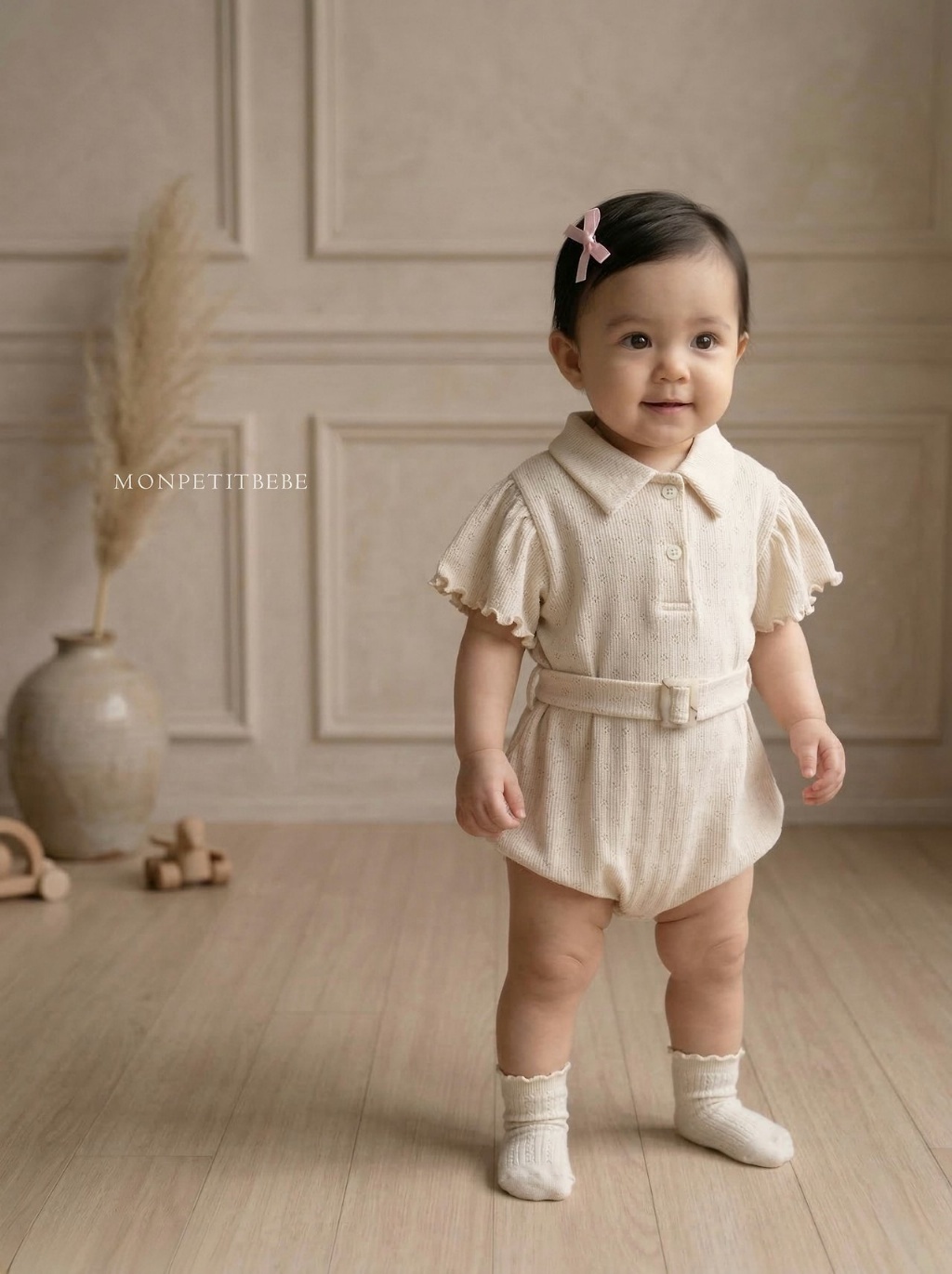 正韓夏Monpetitbebe 嫩嬰有領假皮帶包屁衣