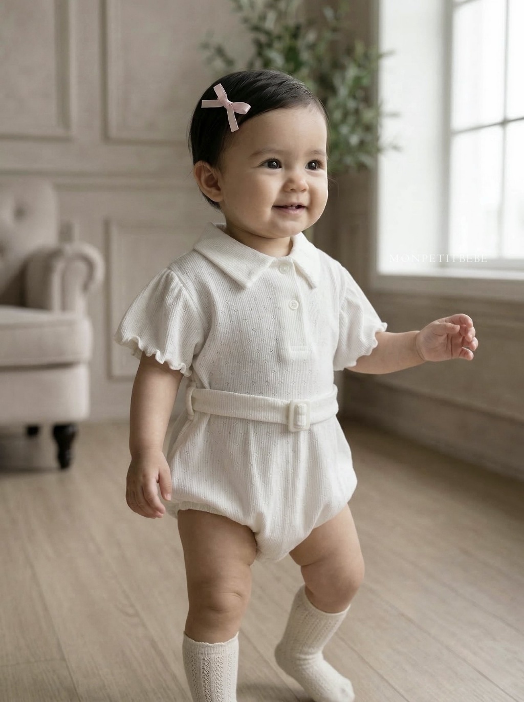 正韓夏Monpetitbebe 嫩嬰有領假皮帶包屁衣