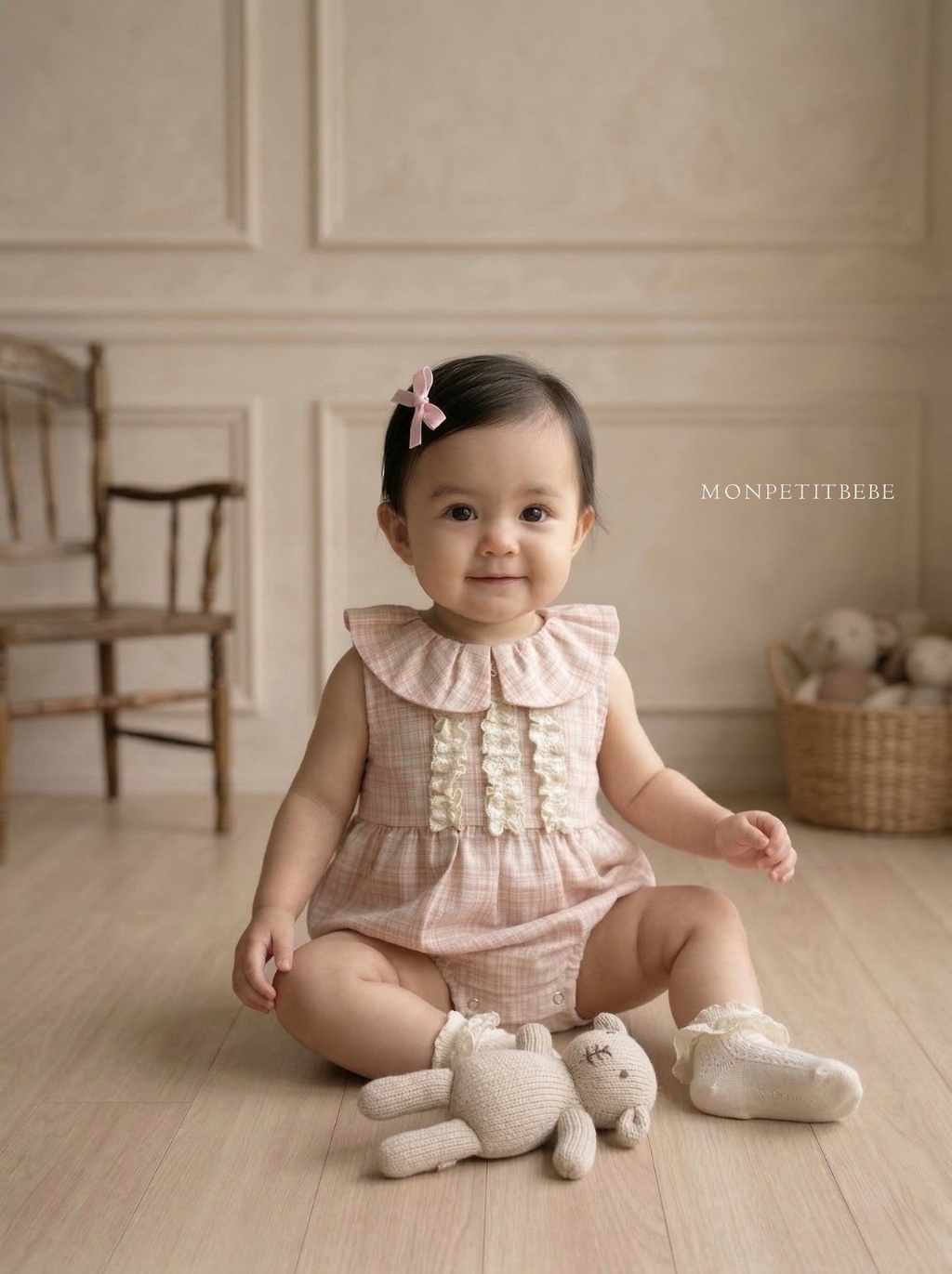 正韓夏Monpetitbebe 嫩嬰小方格蕾絲包屁衣