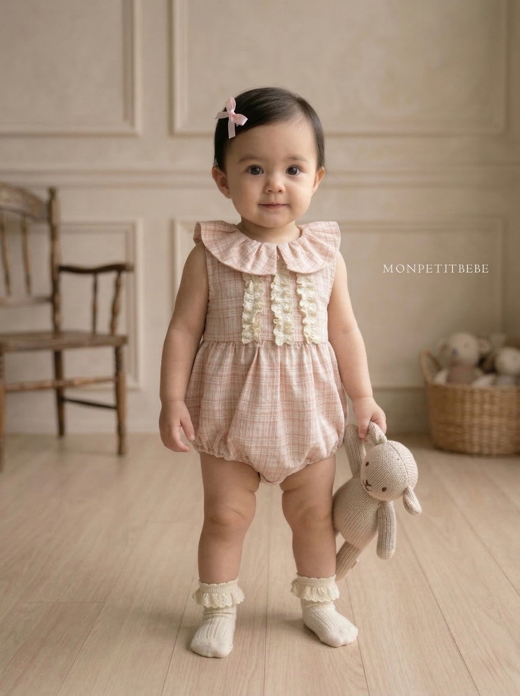 正韓夏Monpetitbebe 嫩嬰小方格蕾絲包屁衣