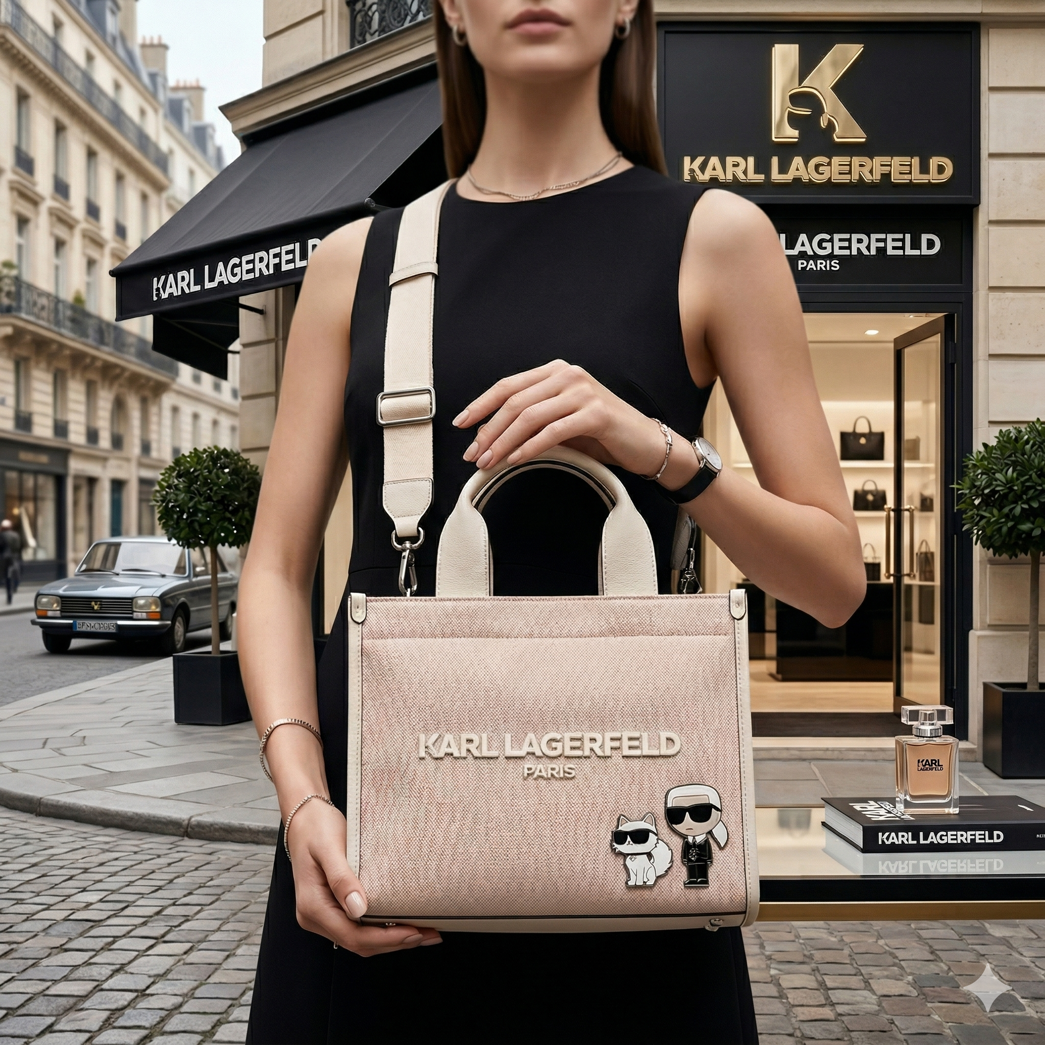 【預購】Karl Lagerfeld H040409  佛爺與貓咪標誌兩用托特包