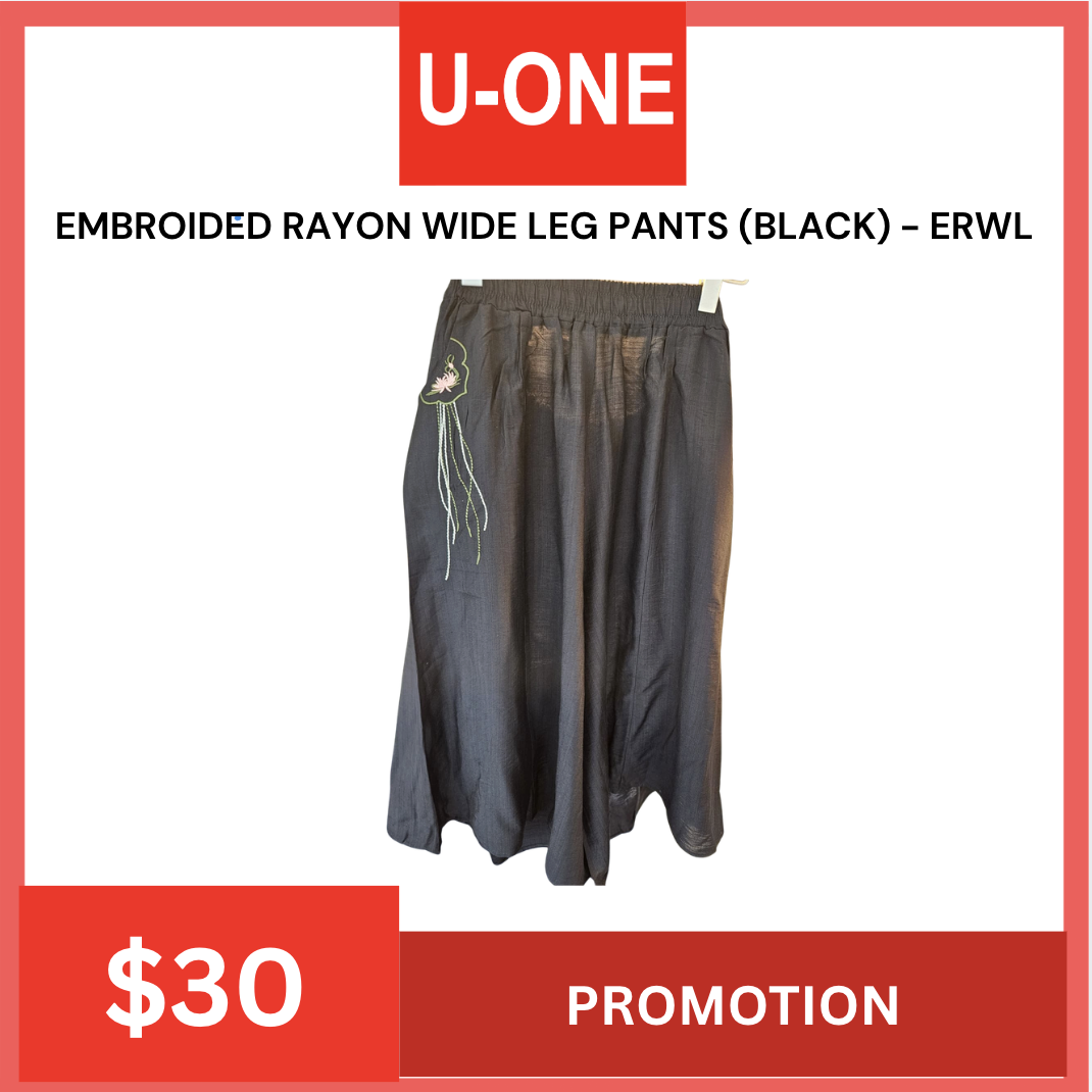 EMBROIDED RAYON WIDE LEG PANTS (BLACK) - ERWL