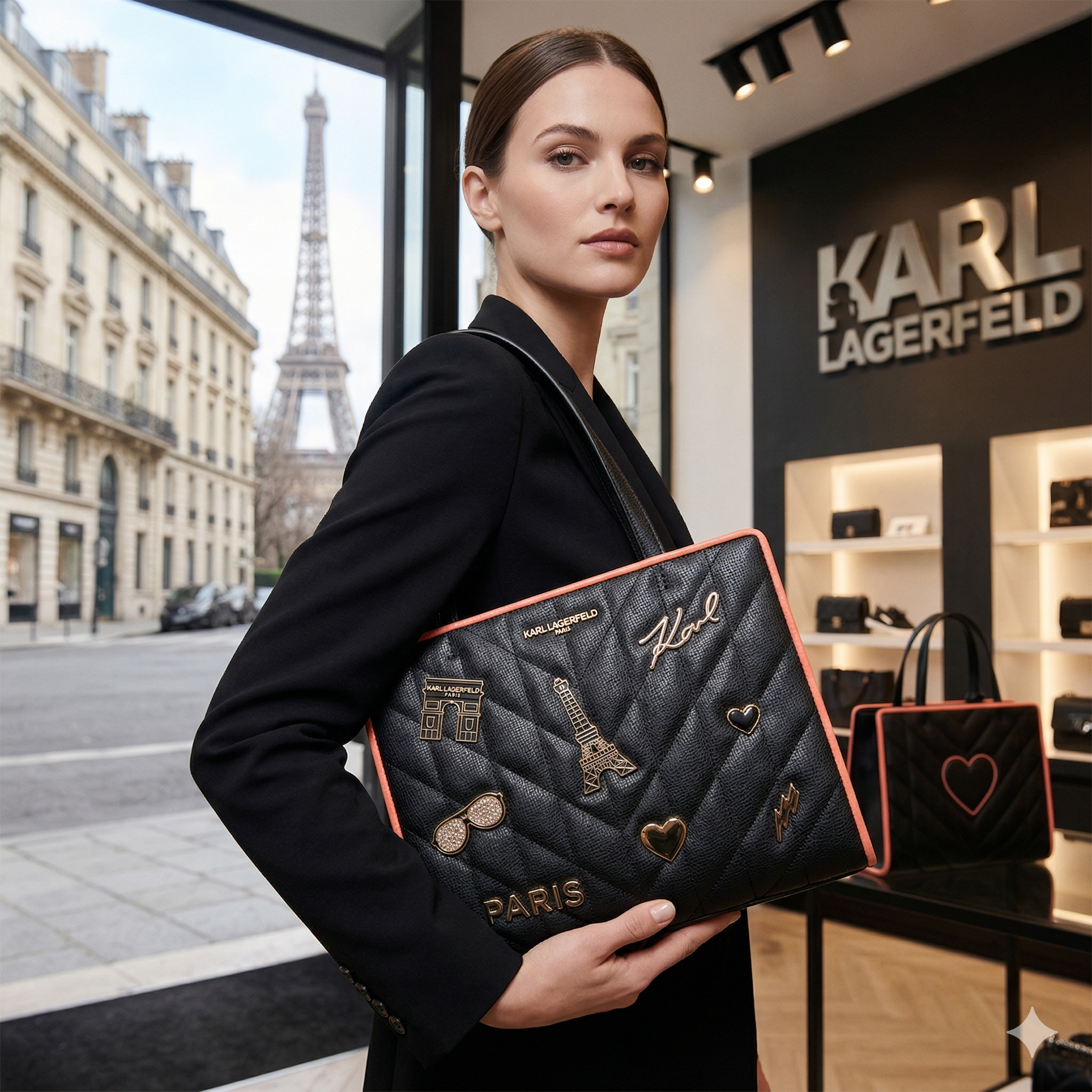 【預購】Karl Lagerfeld H040424  巴黎鐵塔標誌兩用托特包