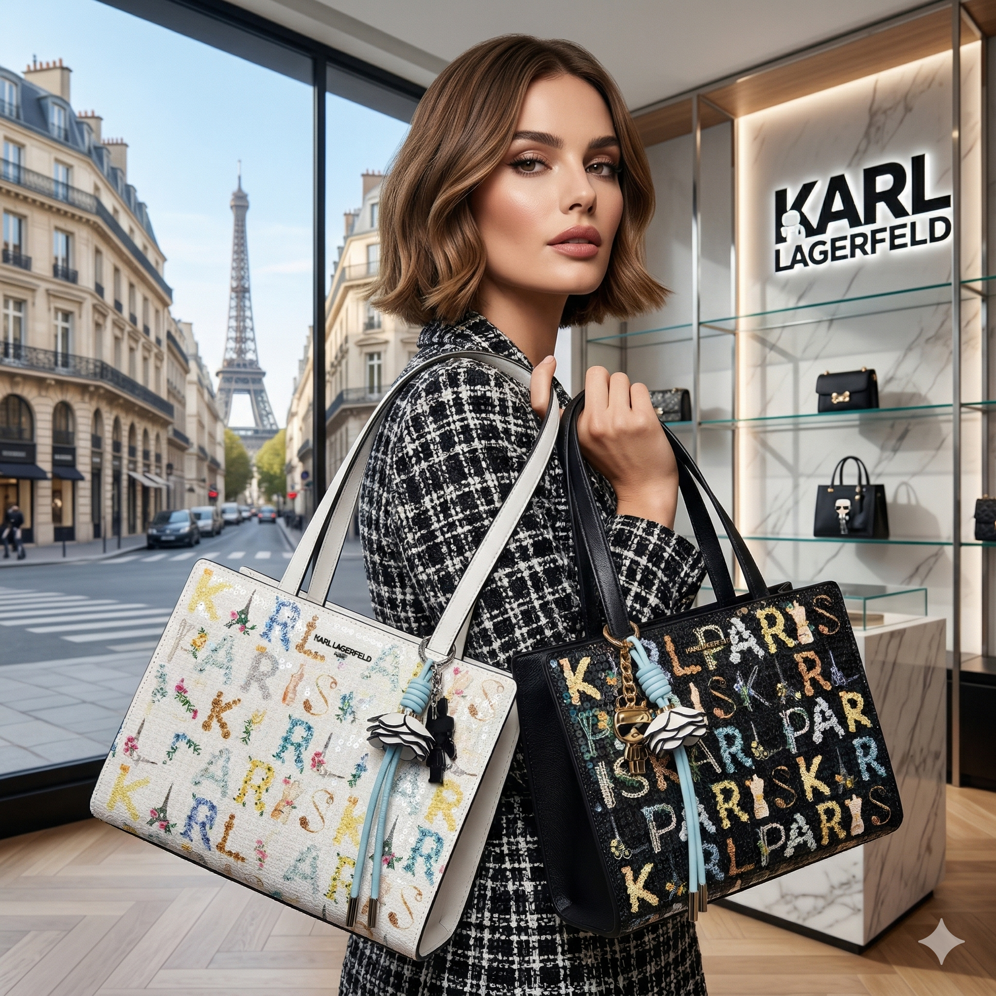【預購】Karl Lagerfeld H040428 巴黎地標與字母花卉亮片兩用托特包