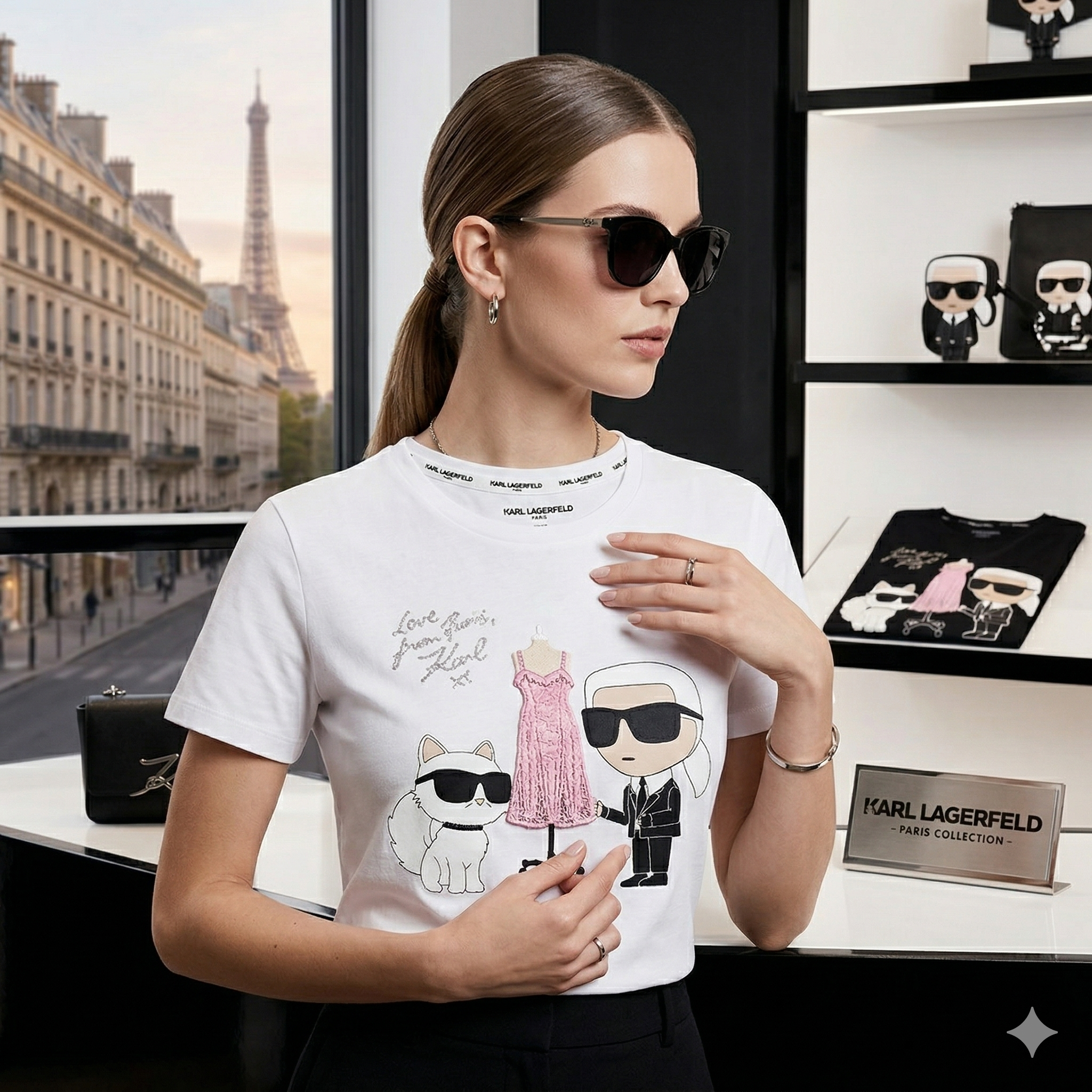 【預購】Karl Lagerfeld H040426 老佛爺與貓咪裁縫圖案 T-Shirt