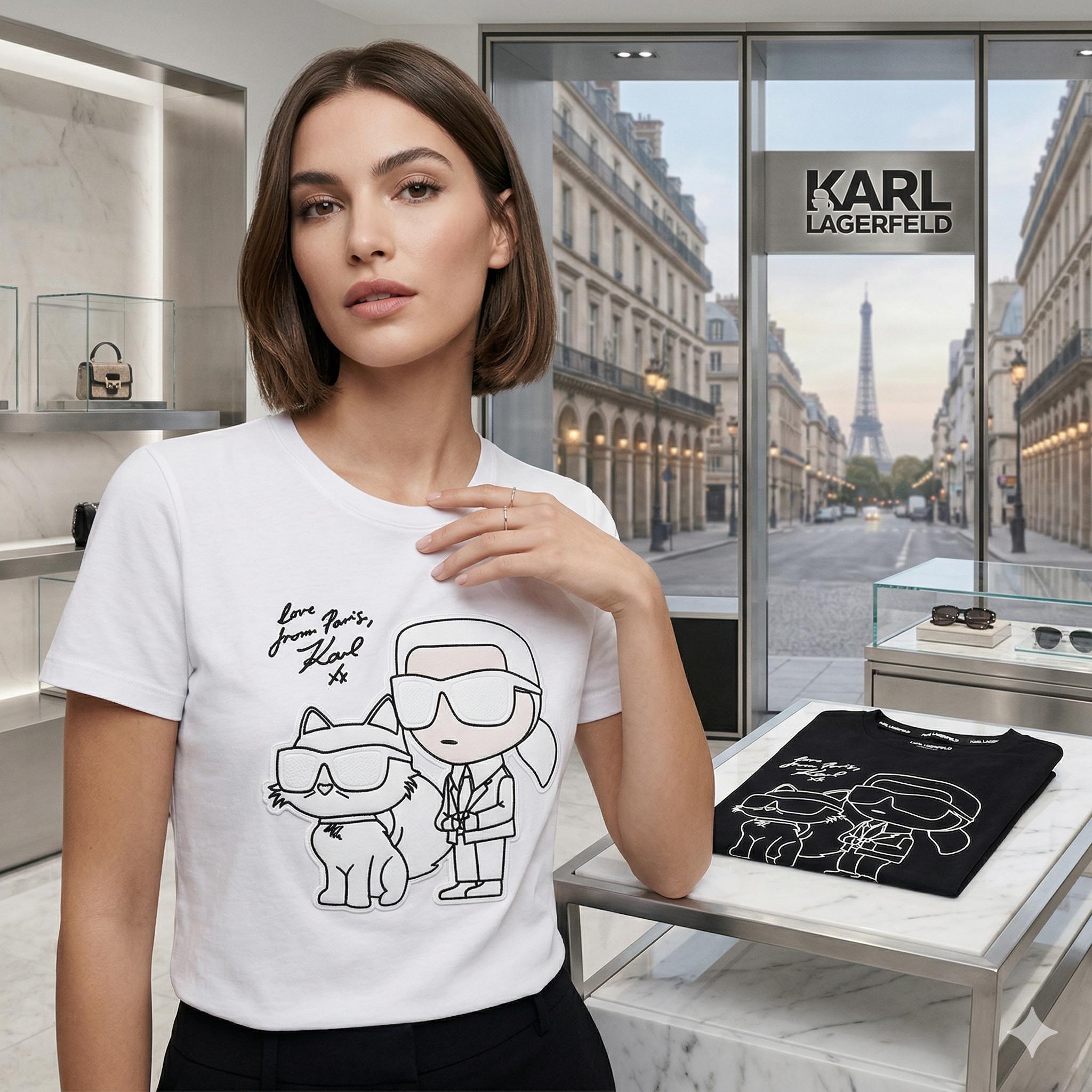 【預購】Karl Lagerfeld H040427 老佛爺與貓咪圖案 T-Shirt