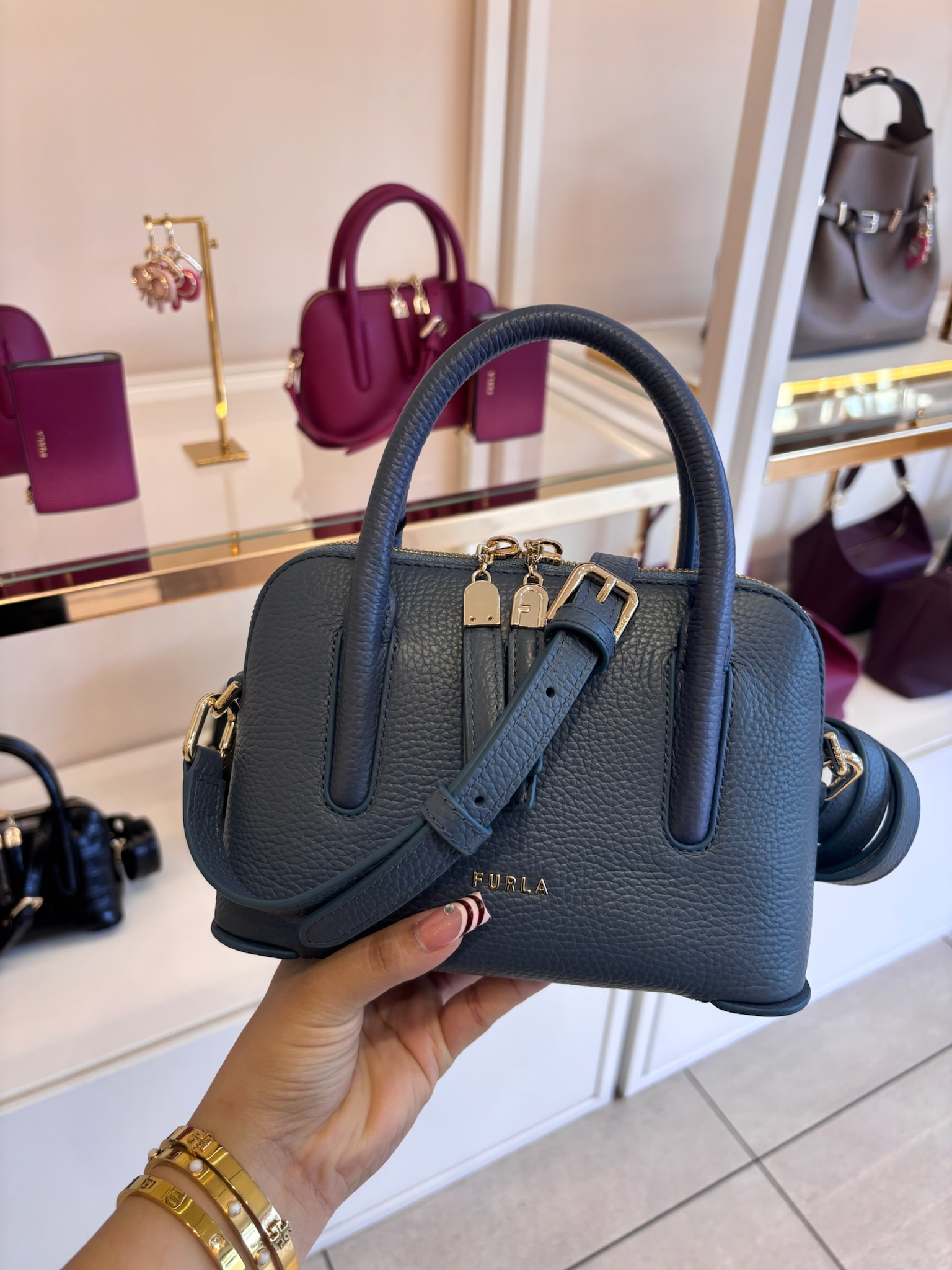 【預購】FURLA H040471 荔枝紋牛皮雙拉鍊手提斜背貝殼包