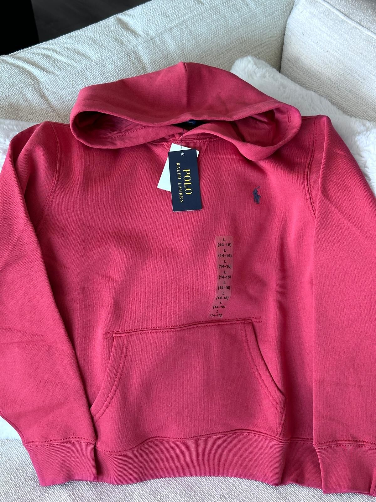 RY19 Polo RL 男童 紅色有帽抓毛衛衣 (深藍色馬仔)  (L=約 胸38", 長23")