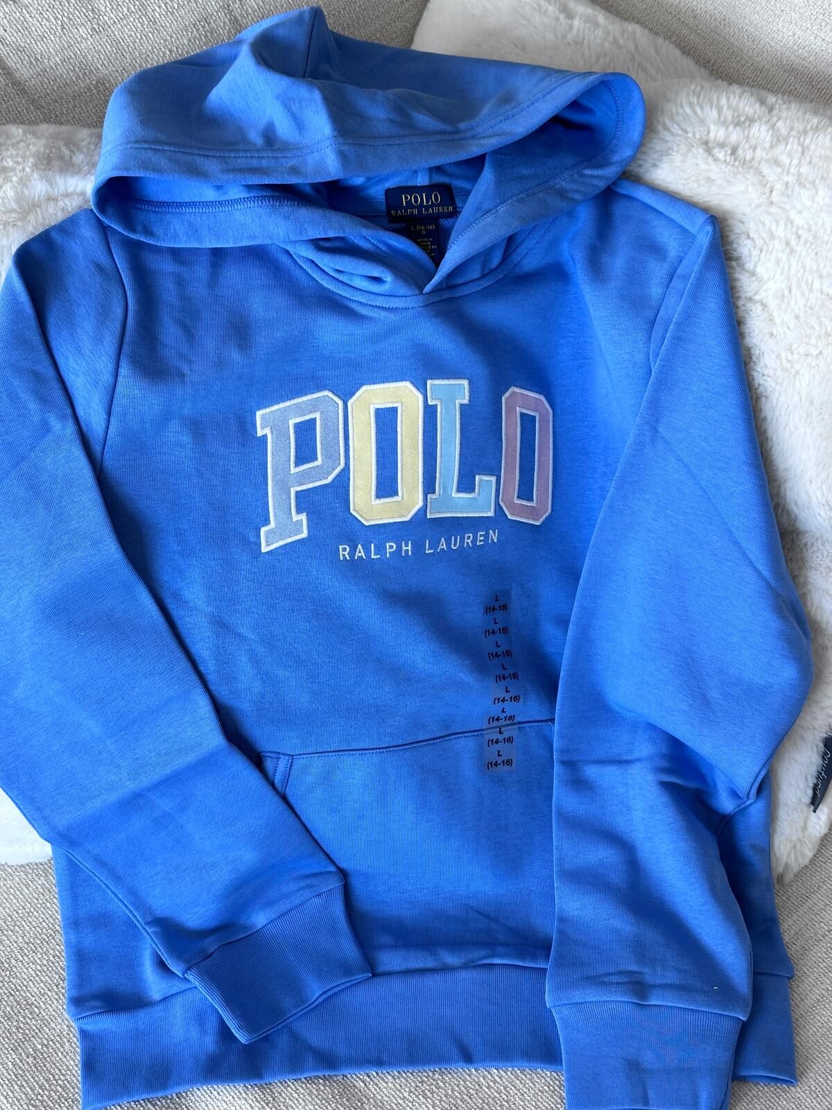 RY20 Polo RL 男童 藍色有帽薄衛衣配彩色logo  (L=約 胸38", 長23")