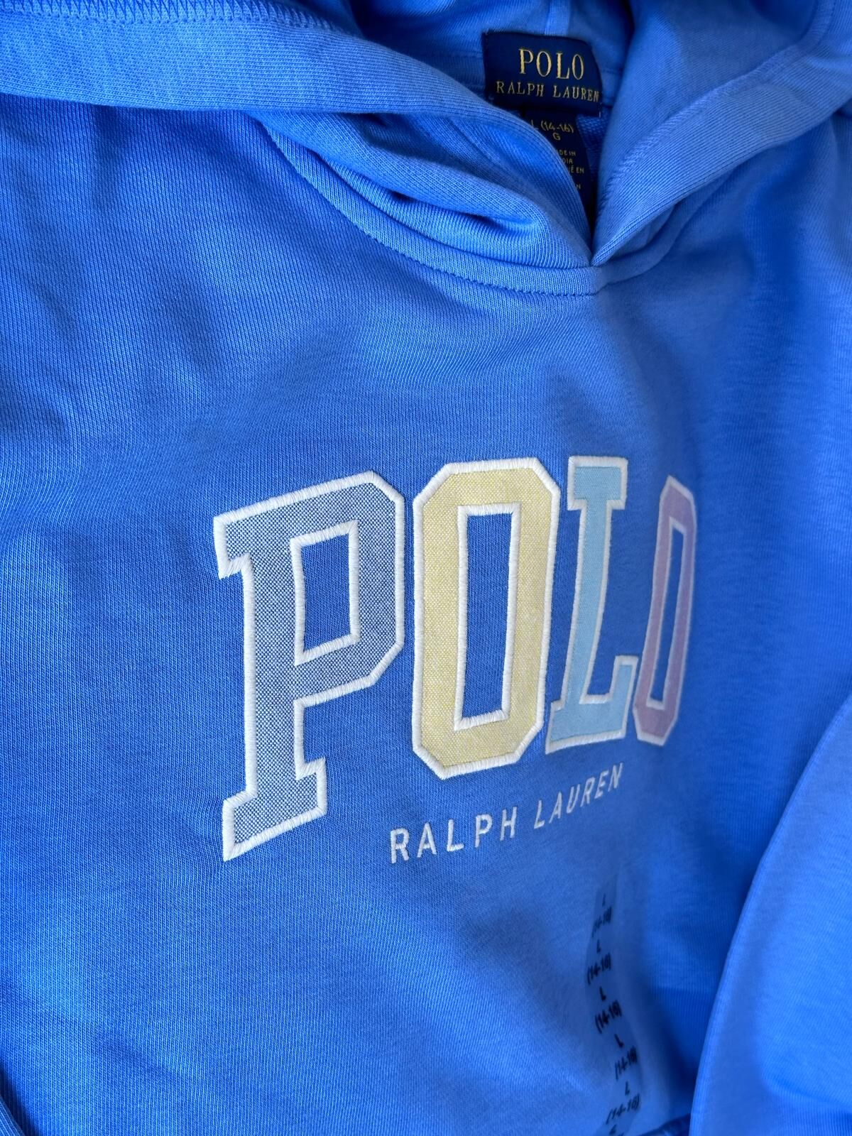 RY20 Polo RL 男童 藍色有帽薄衛衣配彩色logo  (L=約 胸38", 長23")