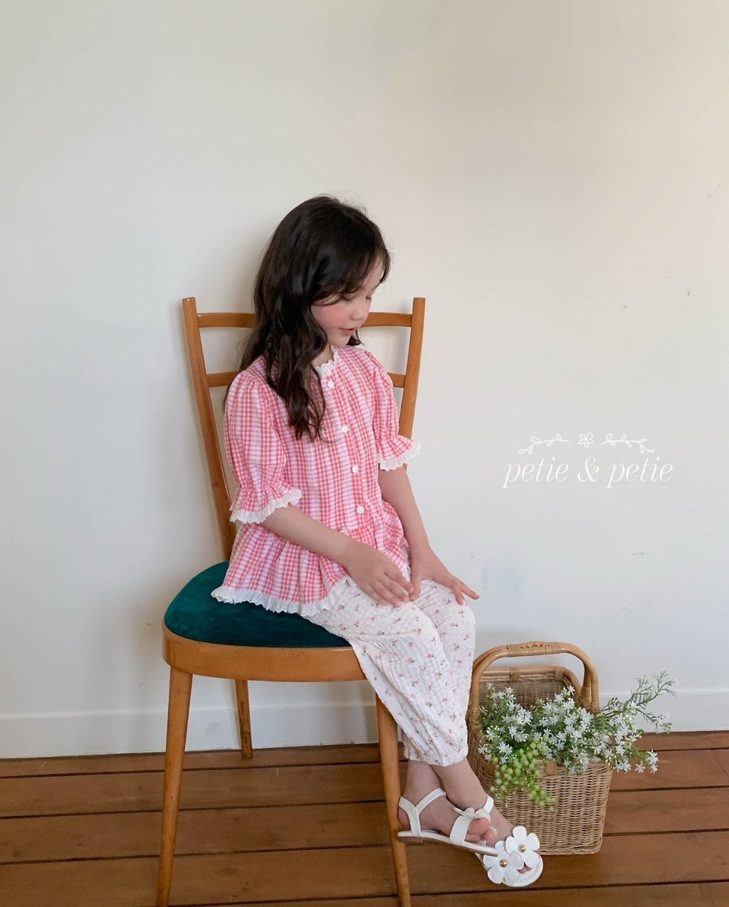 正韓夏Petitpetit 兩色格子/愛心蕾絲花邊上衣