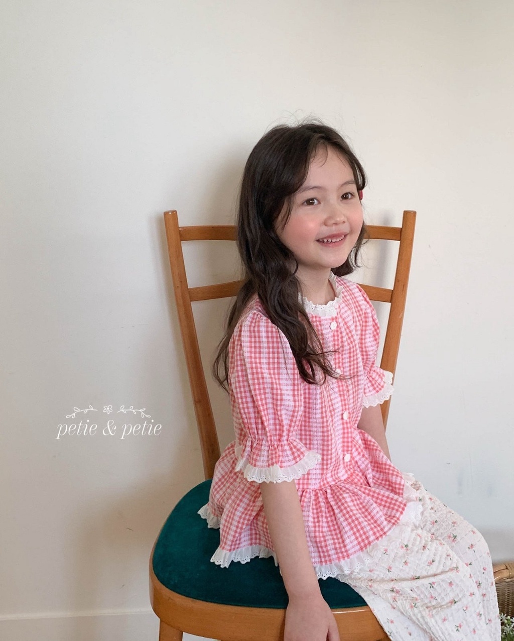 正韓夏Petitpetit 兩色格子/愛心蕾絲花邊上衣