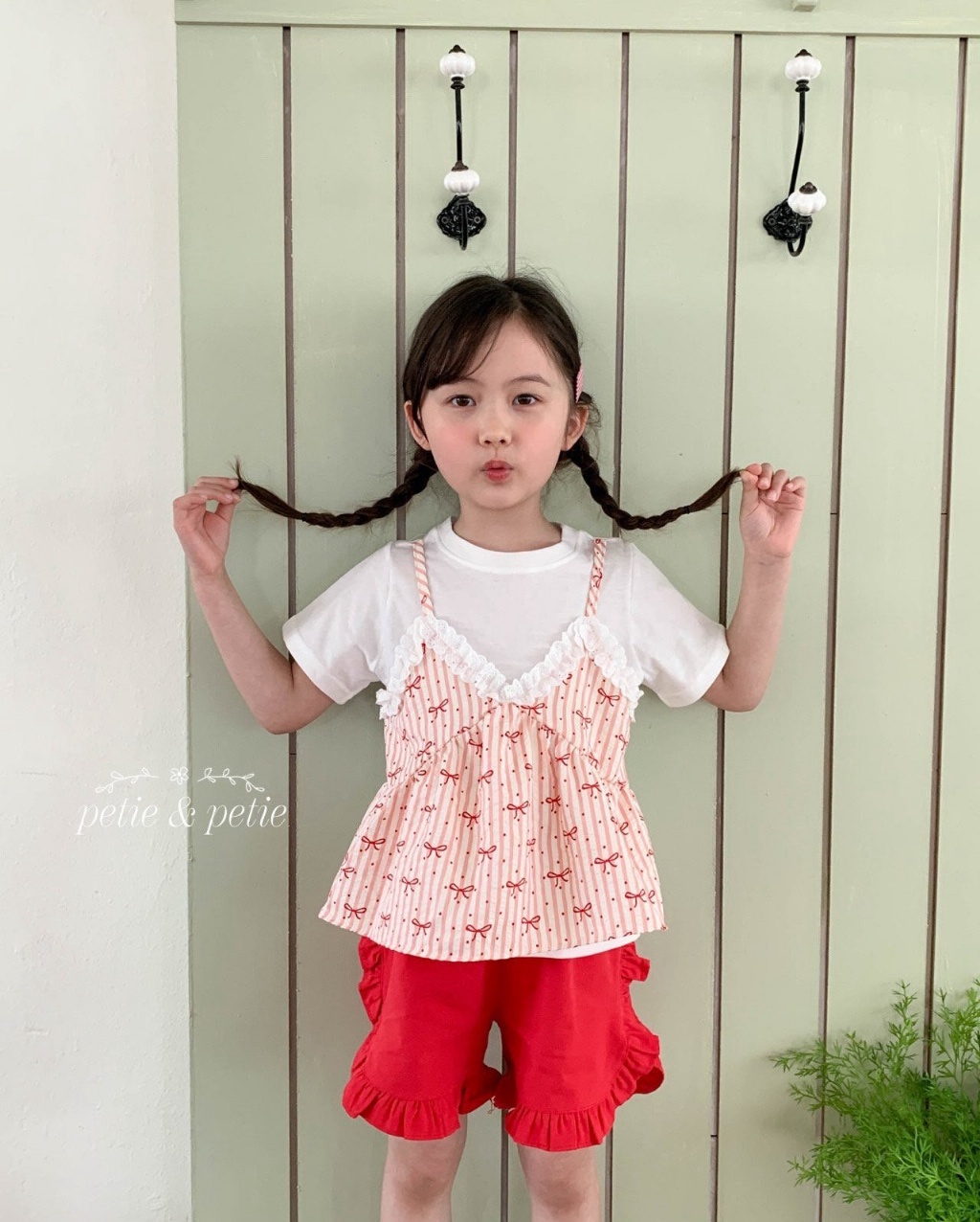 正韓夏Petitpetit 兩色蝴蝶結疊穿假兩件上衣