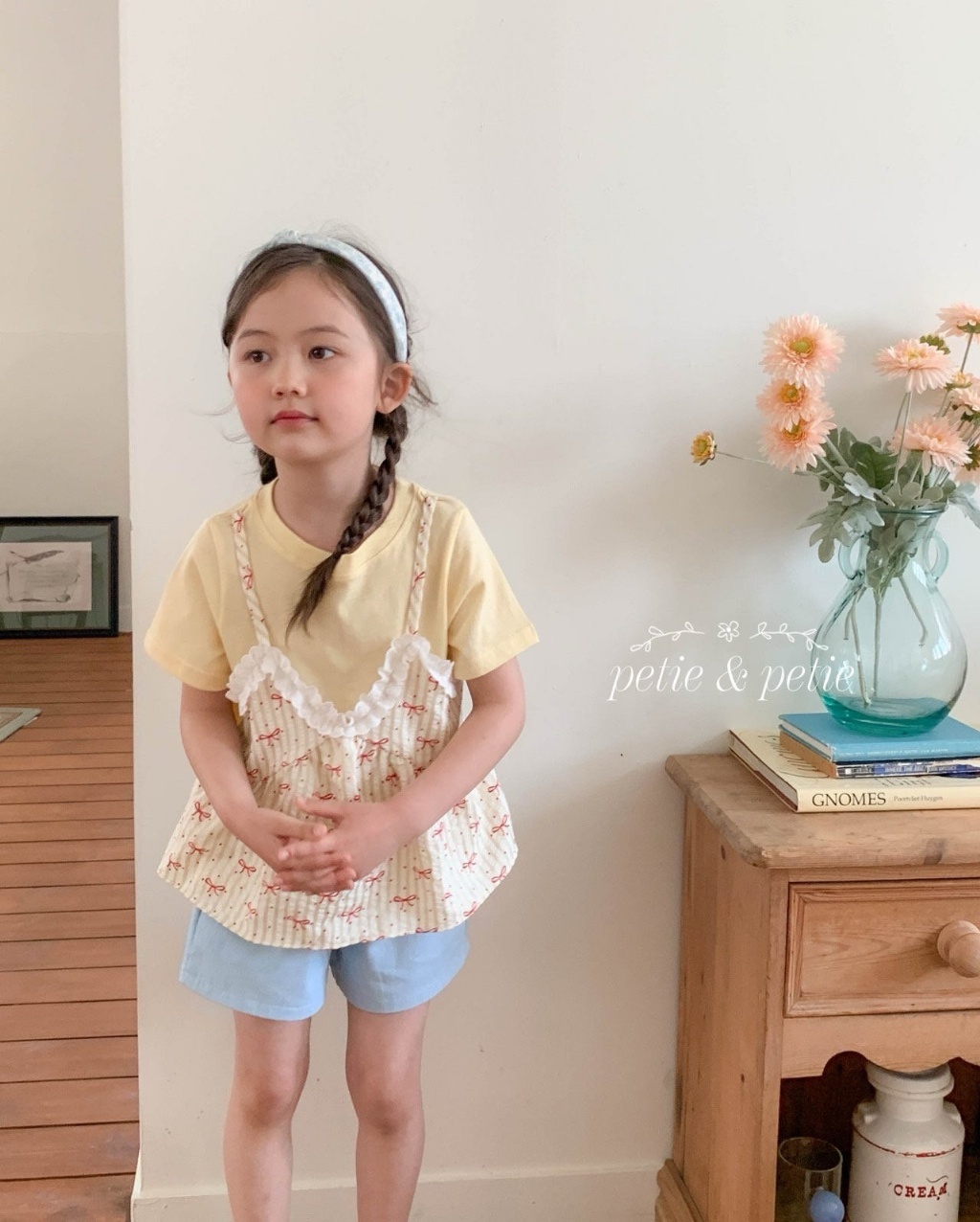 正韓夏Petitpetit 兩色蝴蝶結疊穿假兩件上衣