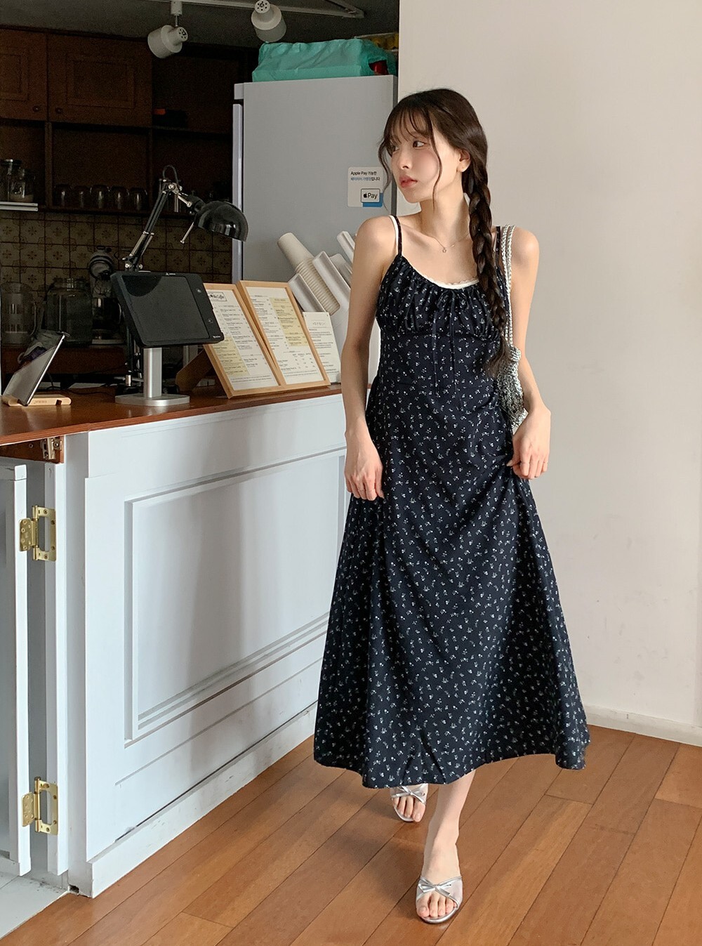 韓國grace muse授權 清新甜美碎花綁帶皺褶細肩洋裝