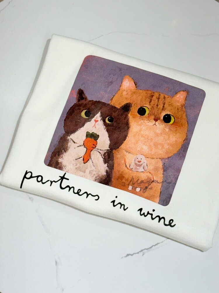 『白色』兩隻貓咪手繪風上衣