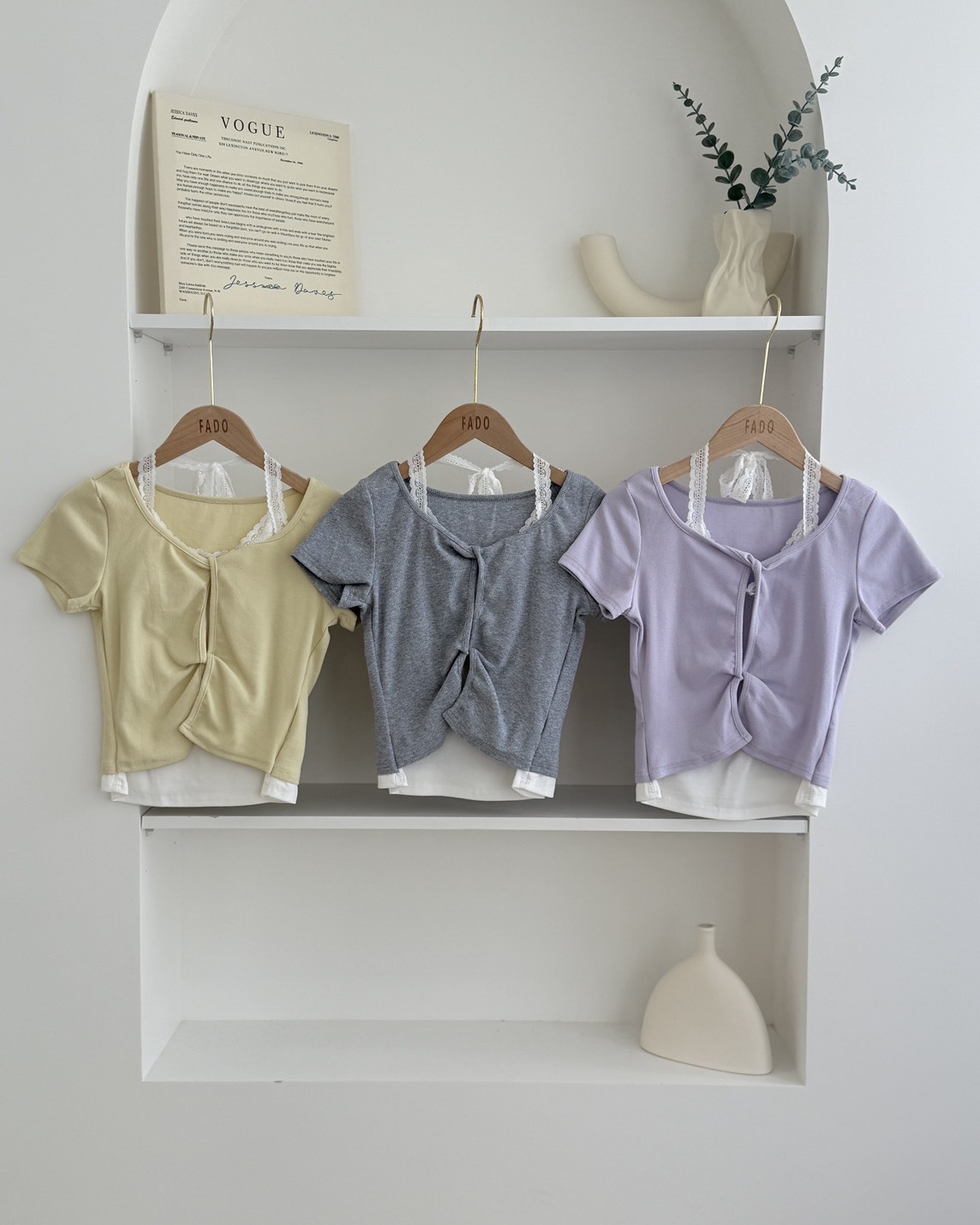 法朵Fado shop｜扭結蕾絲假兩件短T 0285002 三色