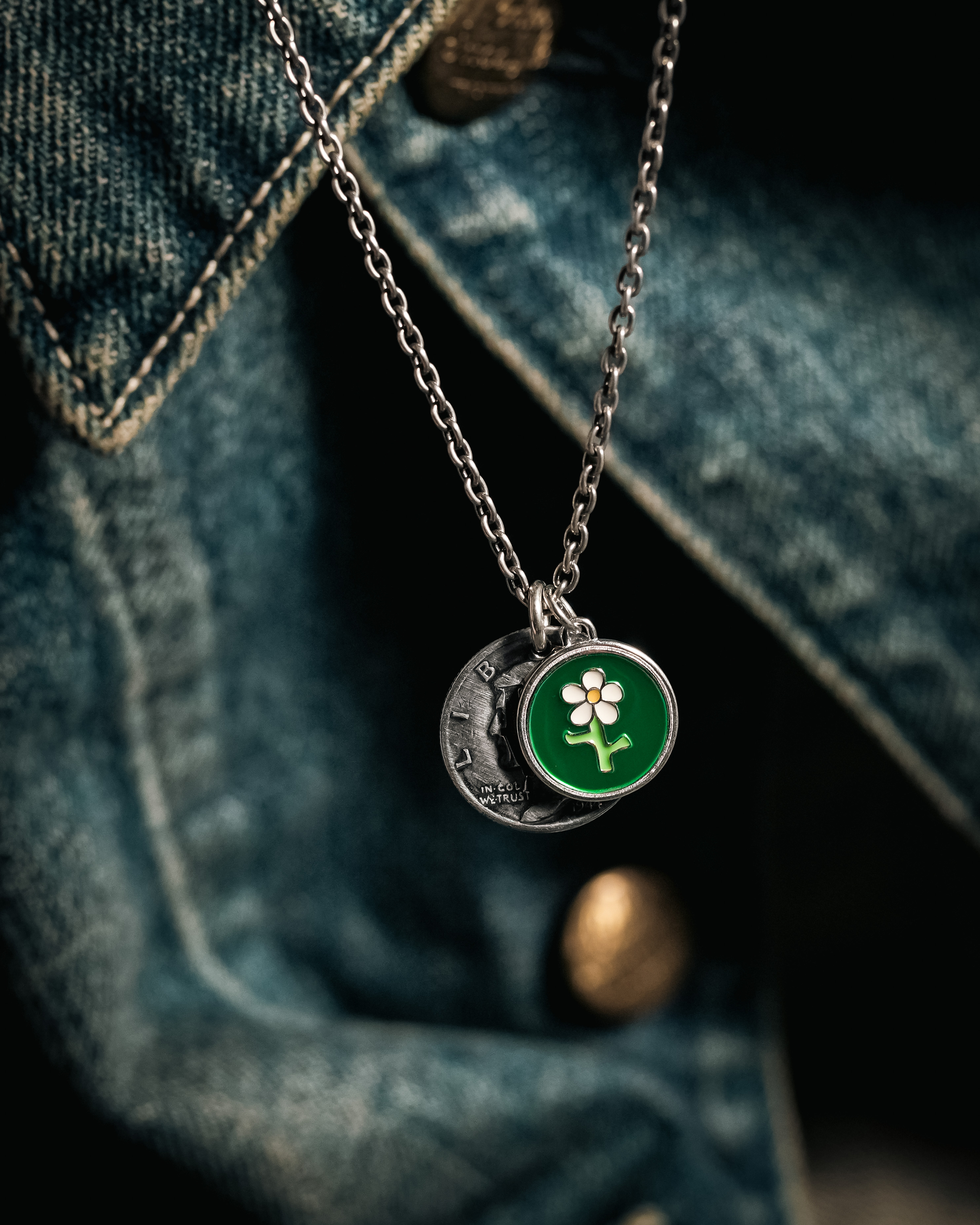 North Works 銀幣LOVE小花項鍊 (綠) N-646