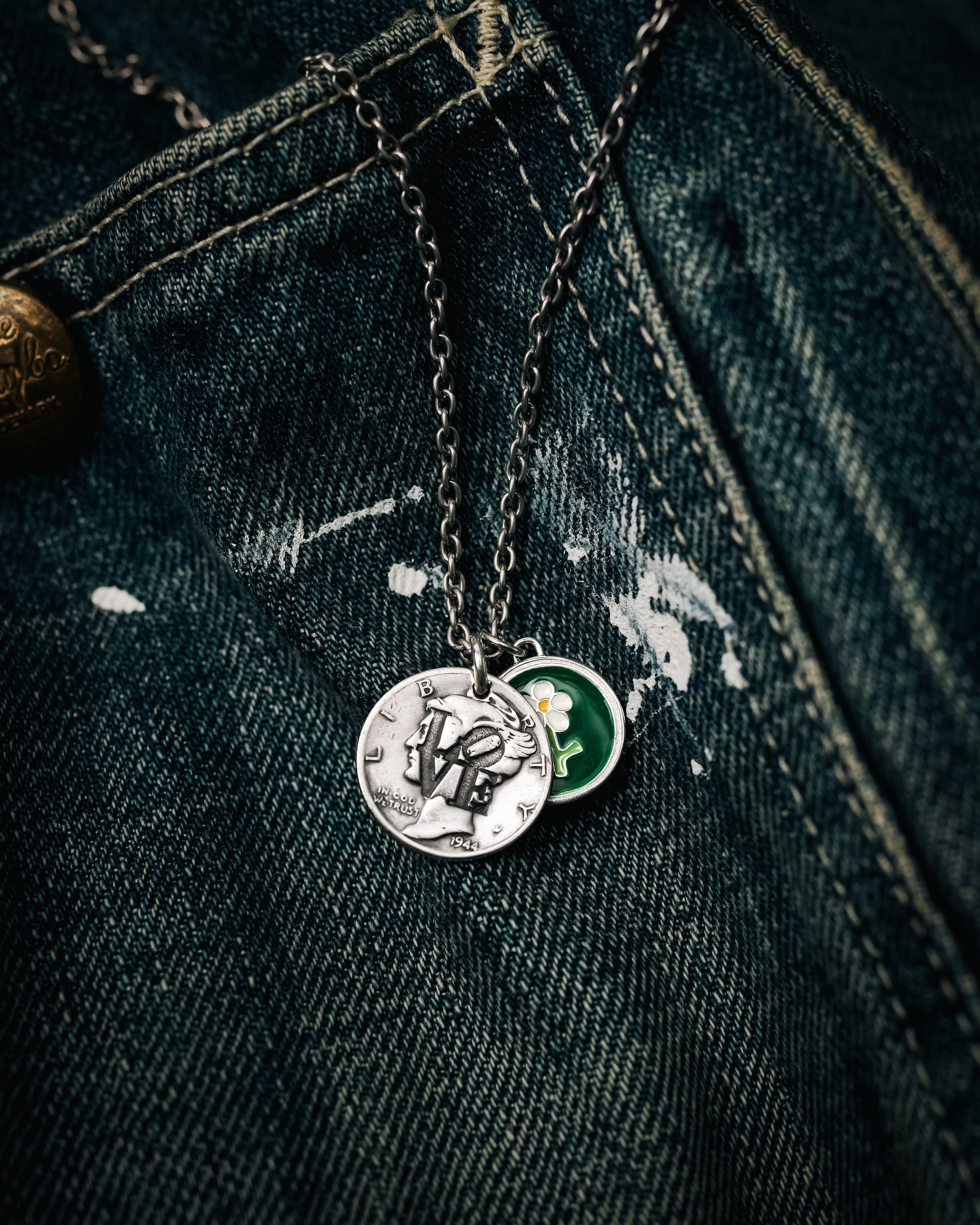 North Works 銀幣LOVE小花項鍊 (綠) N-646