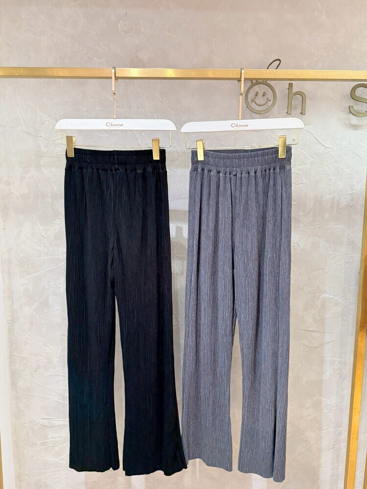 直條紋壓褶腰鬆緊喇叭褲