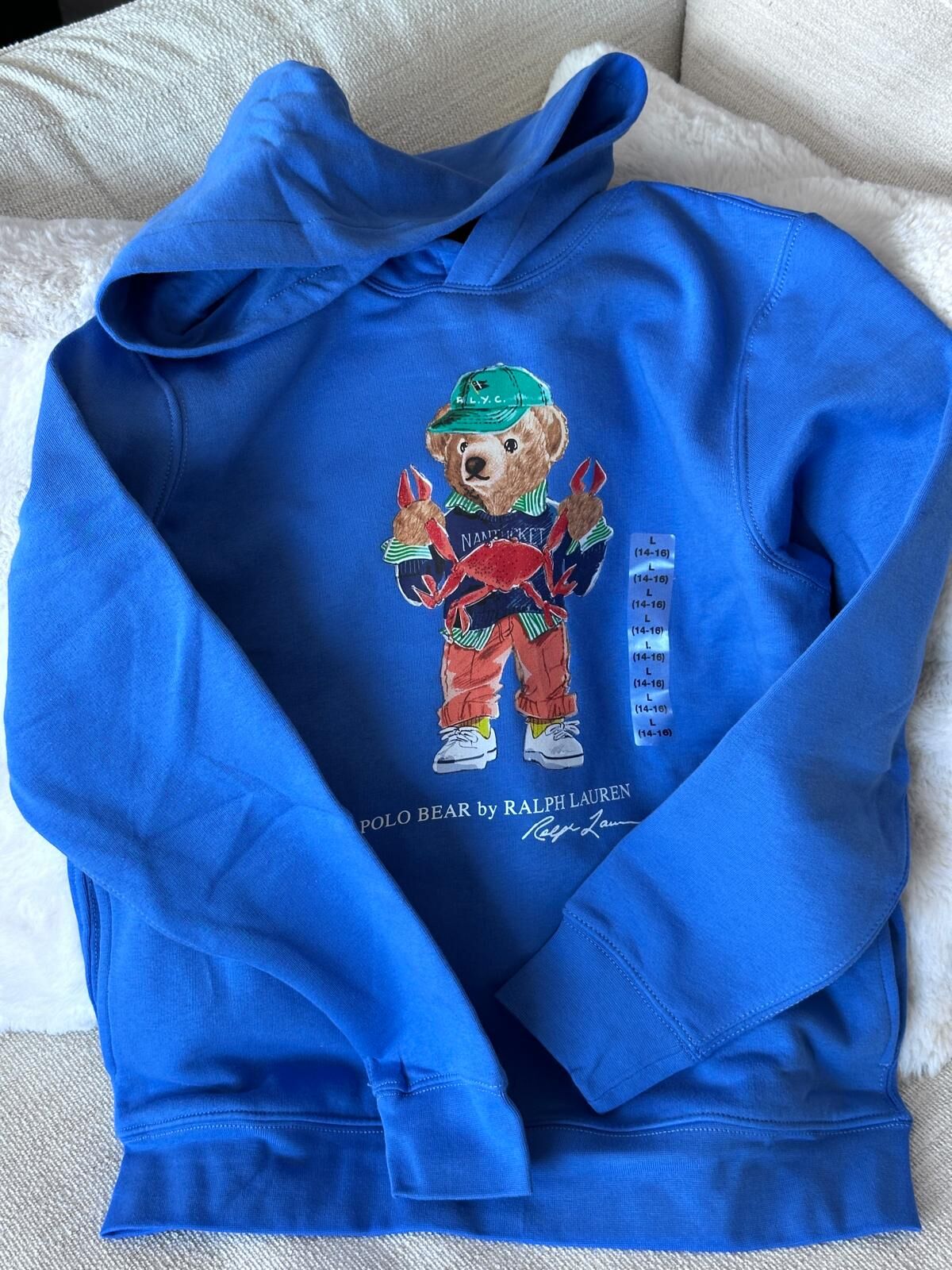 RY21 Polo RL 男童 藍色有帽抓毛插袋衛衣 (長腳蟹熊仔)  (L=約 胸38", 長25")