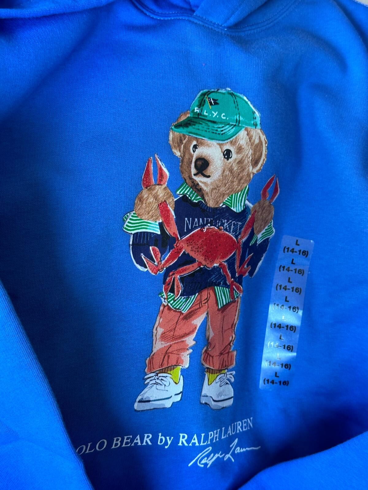 RY21 Polo RL 男童 藍色有帽抓毛插袋衛衣 (長腳蟹熊仔)  (L=約 胸38", 長25")