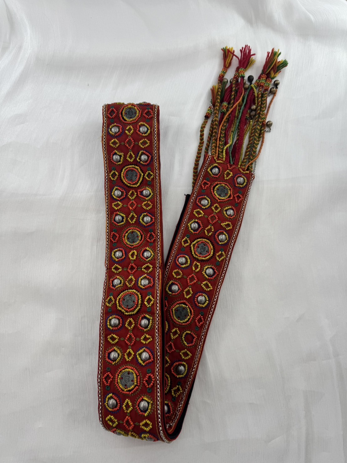 No.14手工珠繡刀冰流蘇肩背帶8*220cm（紅底）